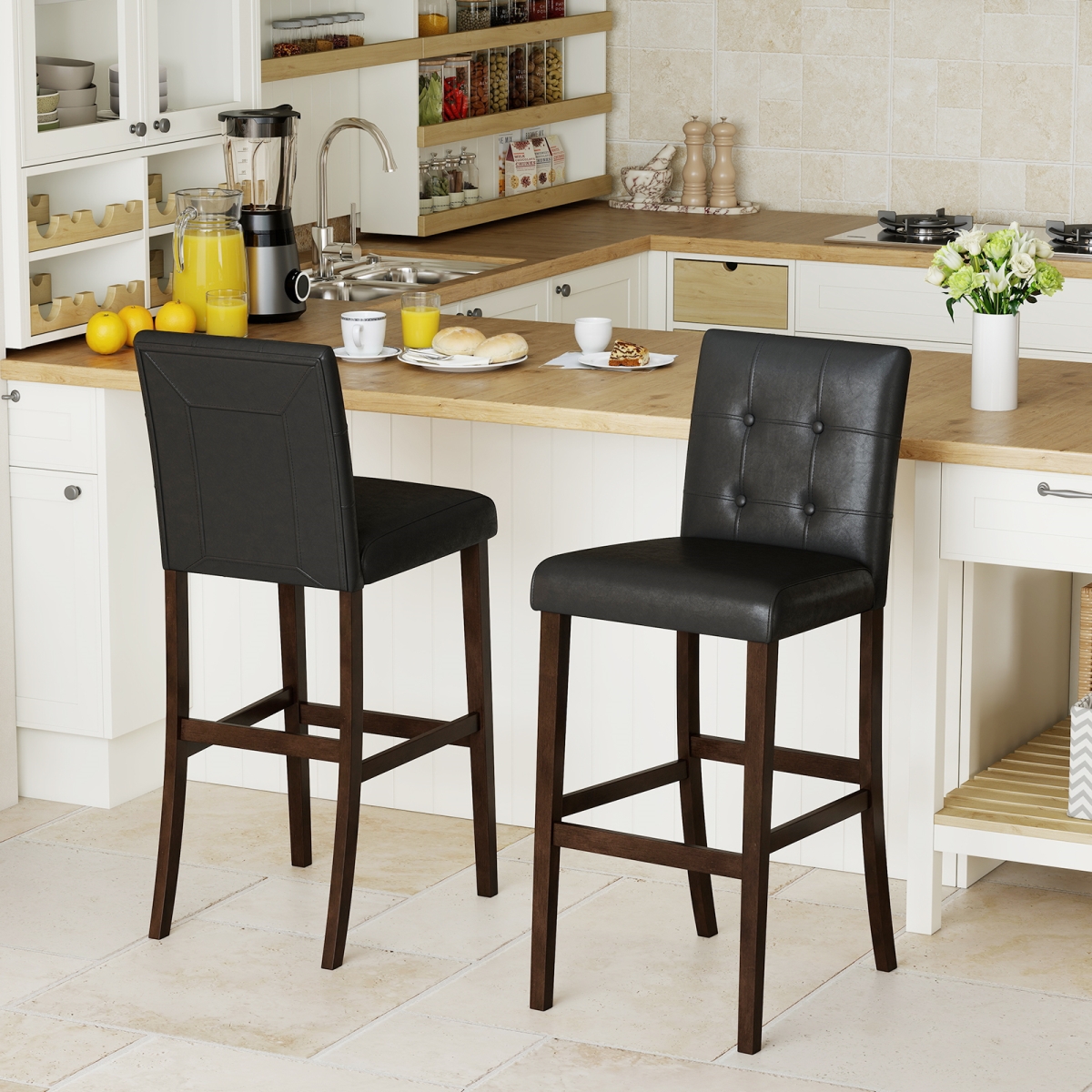 JV11562BK-29 PVC Dining Leather Bar Stools with Solid Wood Legs - Black - 29 in. - Set of 2
