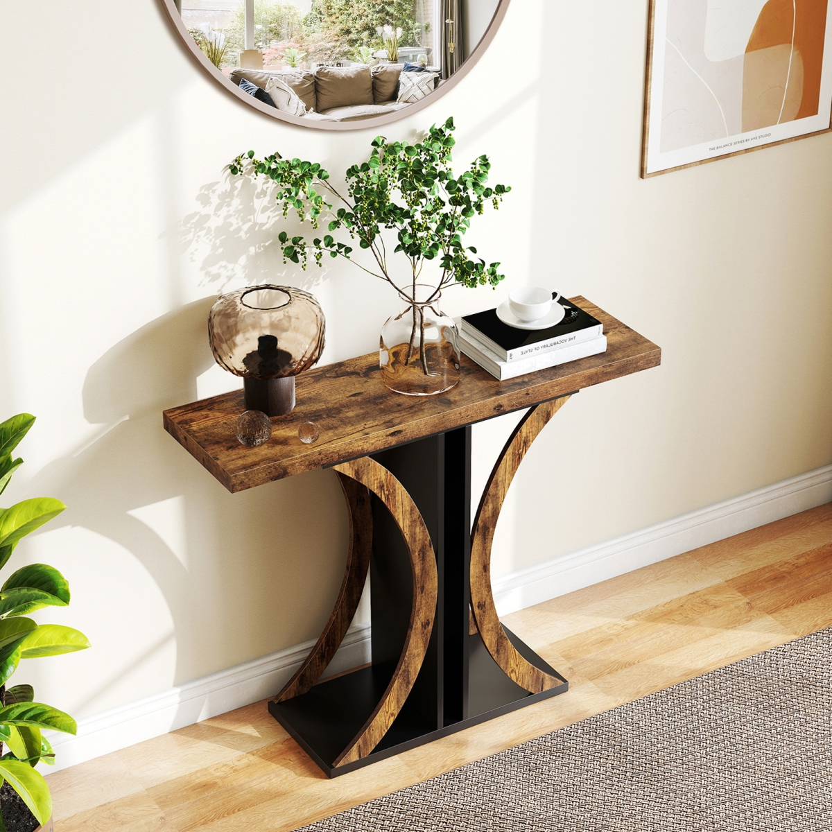 JV12574CF Console Table 39.5 in. Rectangular Entryway Table with Geometric Frame - Rustic Brown