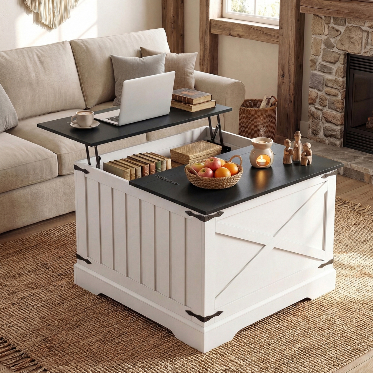 JV12691DK Farmhouse Lift Top Coffee Table with Hidden Storage Compartment - Black