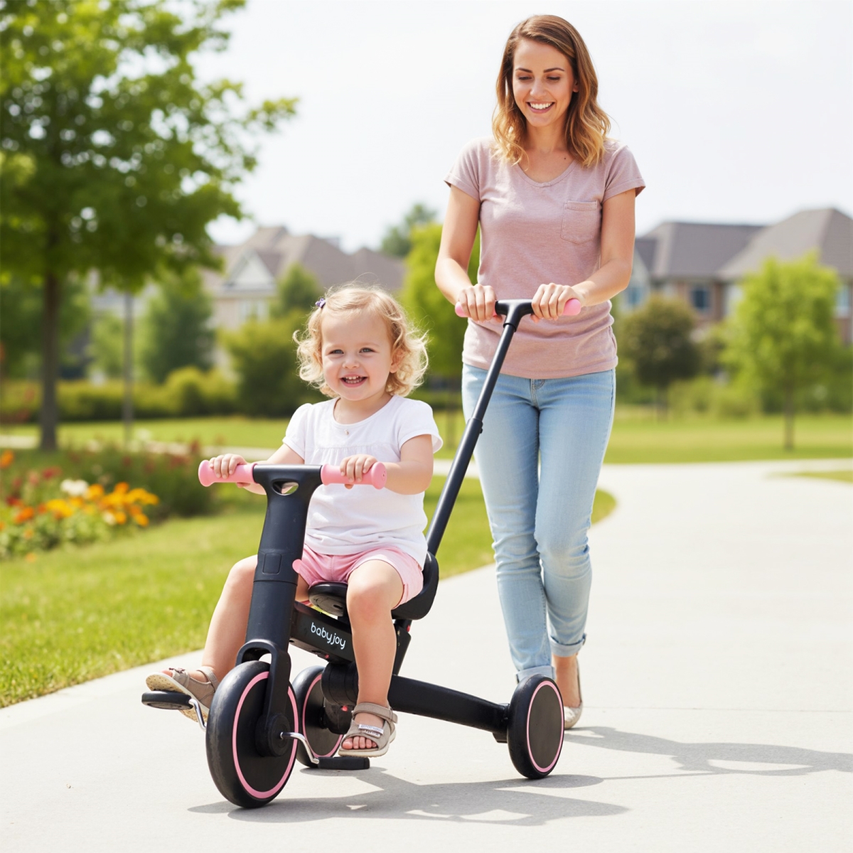TQ10443PI 4-in-1 Foldable Toddler Tricycle with Push Handle with Adjustable Seat - Pink