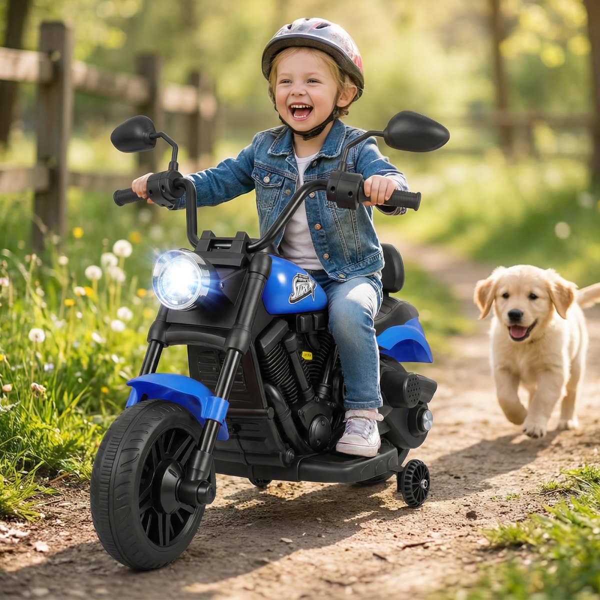 TQ10456US-NY 6V Kids Motorcycle with Headlight & Music & Training Wheels - Navy