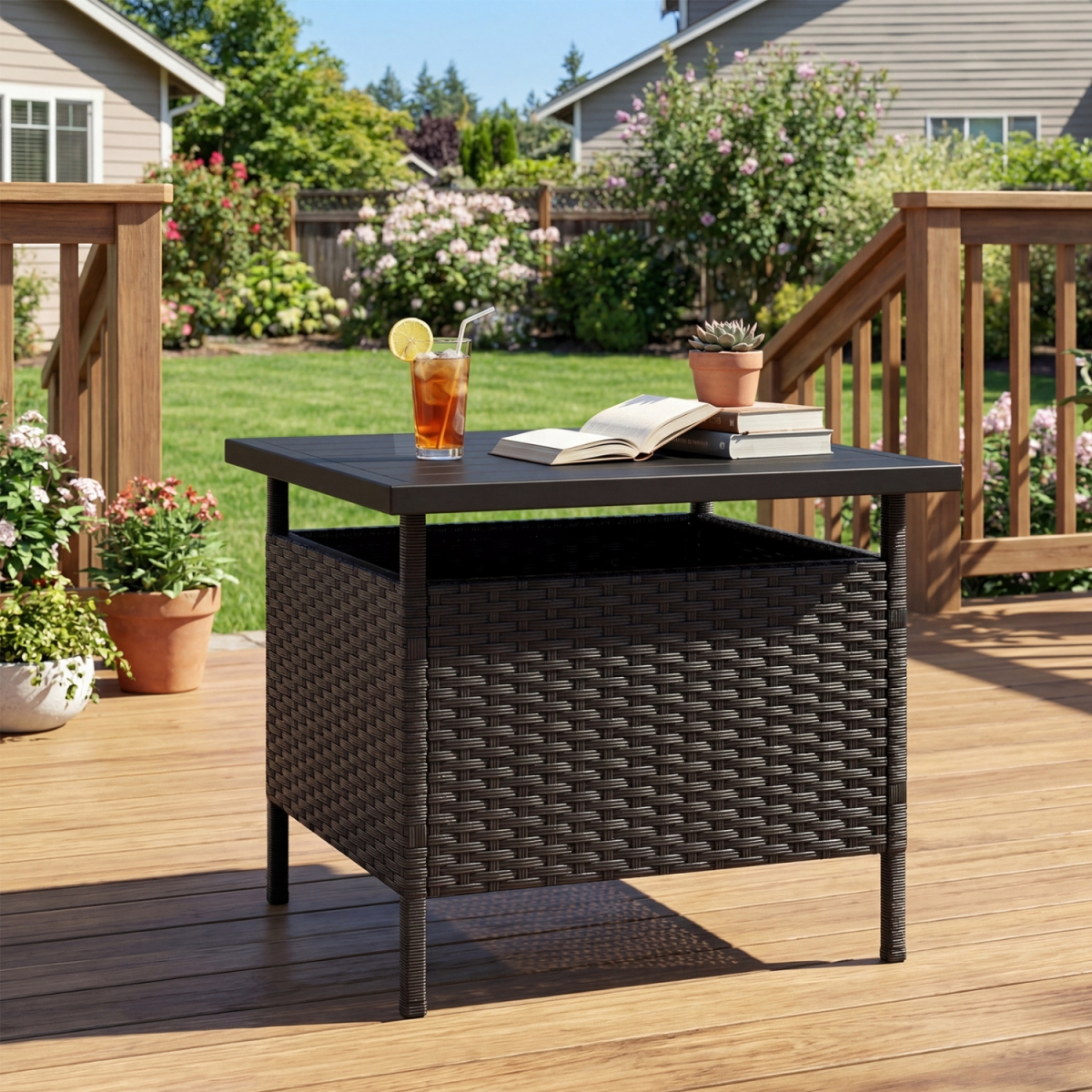 HW70915DK Patio Square Wicker Side Table with Umbrella Hole for Yard - Black