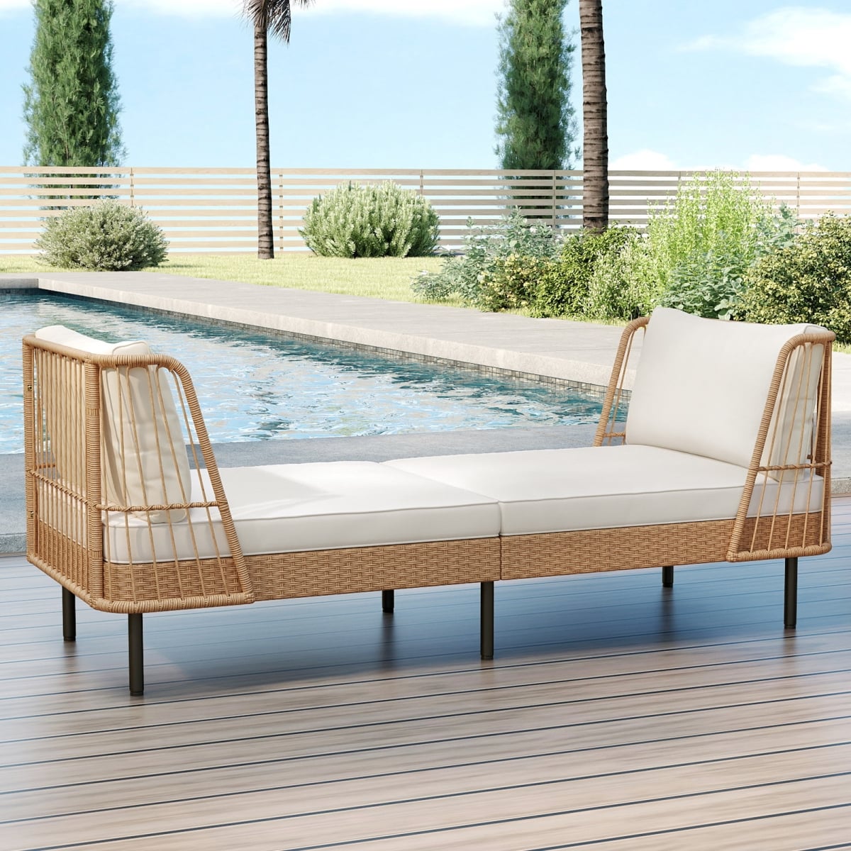 HW75105WH Patio Wicker Daybed Outdoor Boho Rattan Loveseat Sofa with Seat & Back Cushions, White