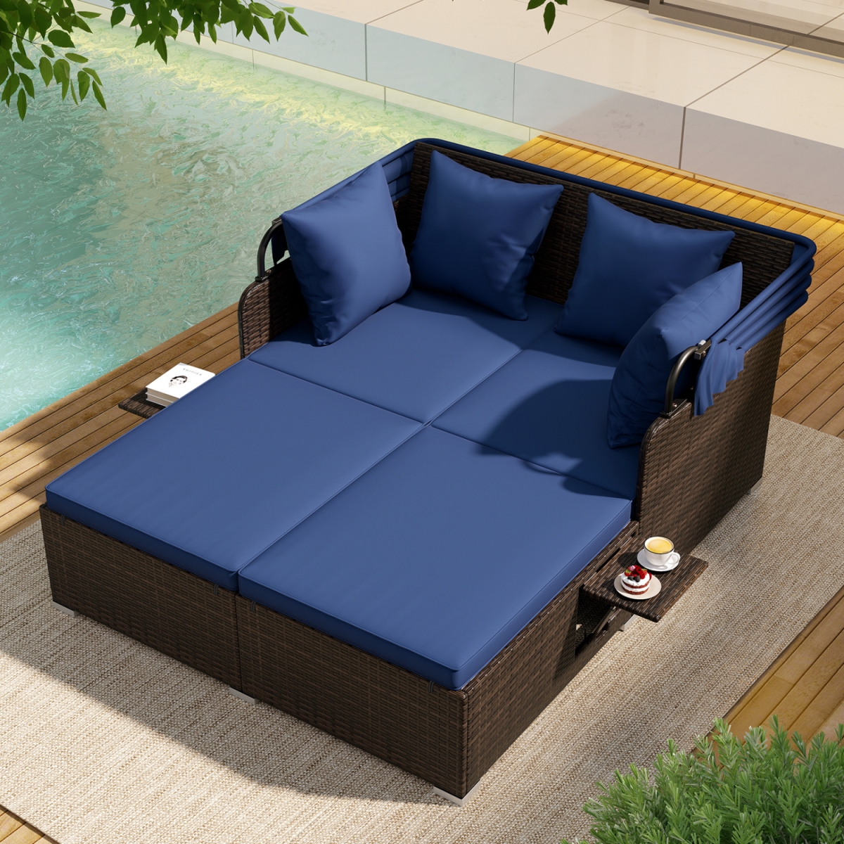 HW75143NY Outdoor Patio Rattan Daybed with Retractable Canopy & Side Tables - Navy