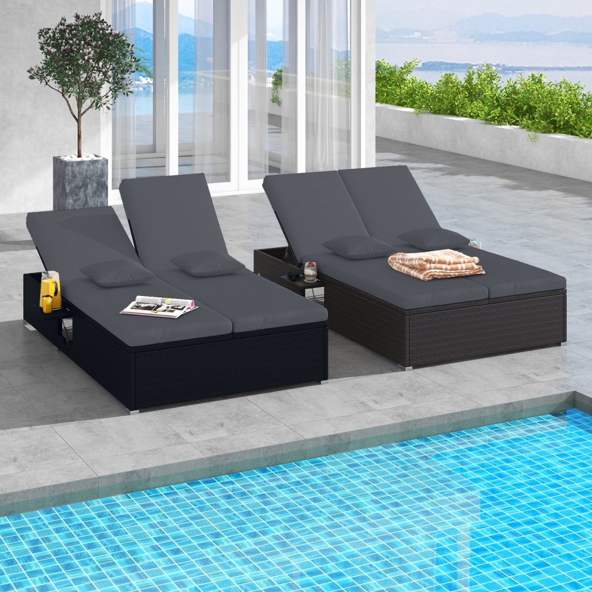 HW75146GR Patio Double Chaise Lounge with Cushions & Folding Side Trays - Gray