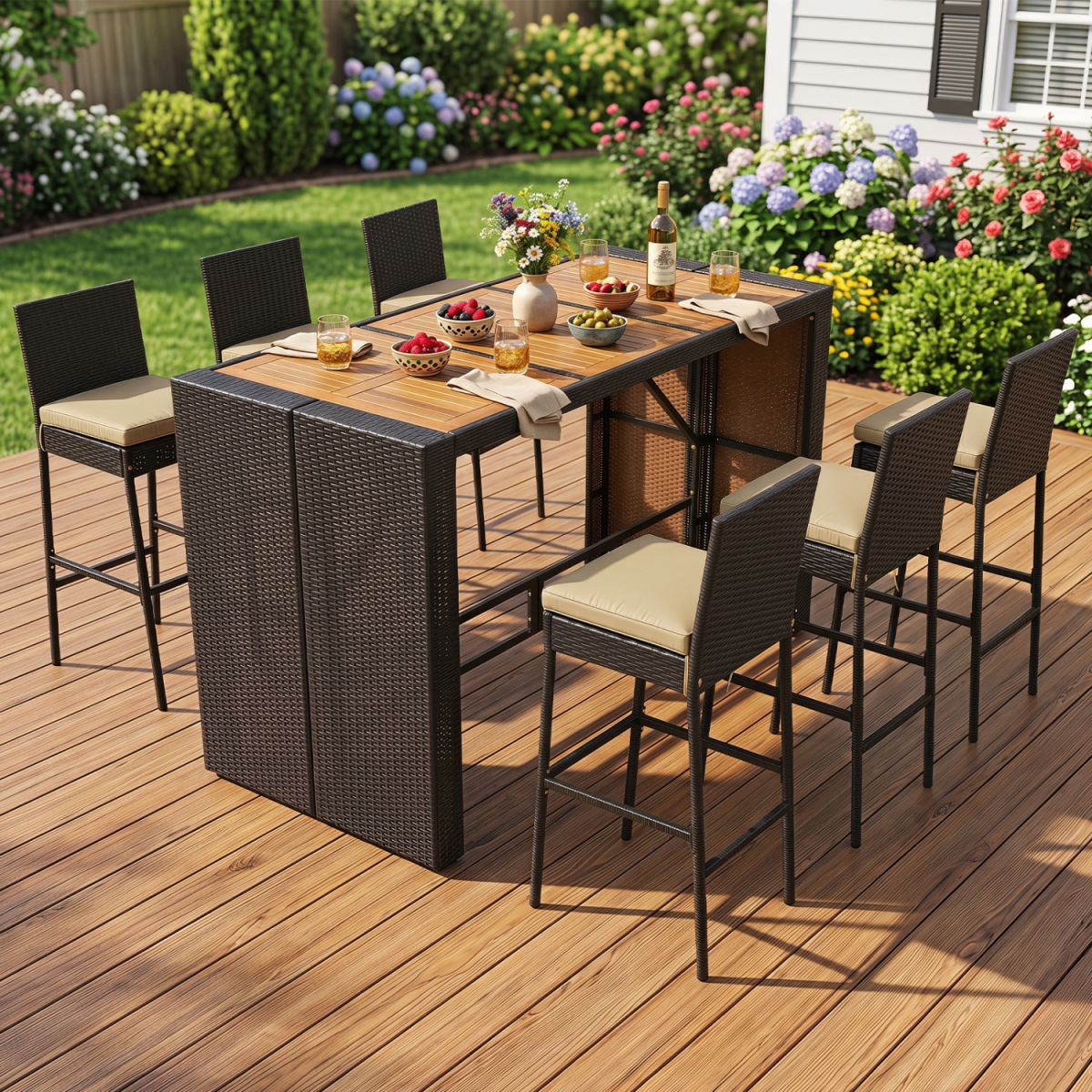 HW76074BN- Outdoor PE Wicker Bar Set with Bar Height Table & 6 Cushioned Stools for Yard - Brown - 7 Piece