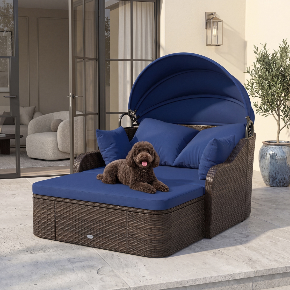 HW76077NY- Patio PE Rattan Daybed with Retractable Canopy & Soft Cushions - Navy