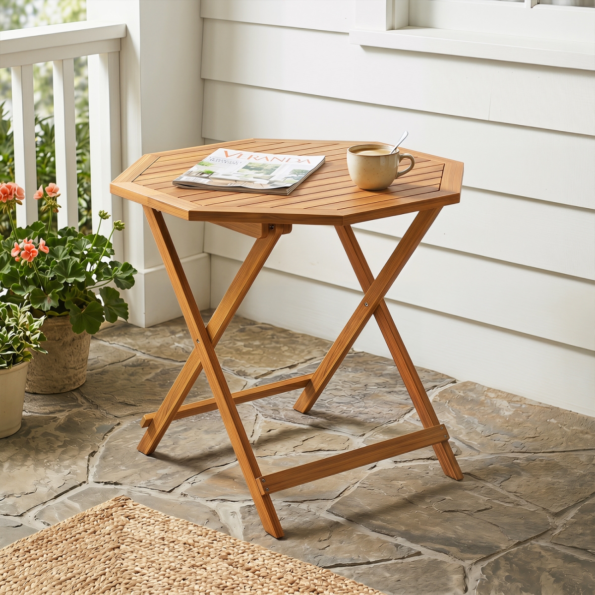 HW76155 Acacia Wood Outdoor Folding Dining Table for 4 Octagonal with Slatted Tabletop - Natural