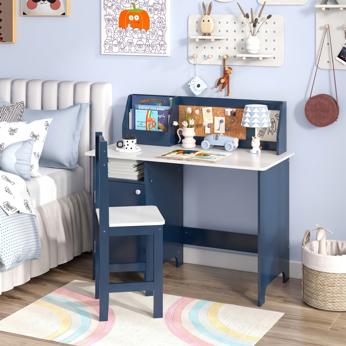 HY10278BL Kids Table & Chair Set with Bookshelf & Cabinet Study Table for Bedroom - Blue