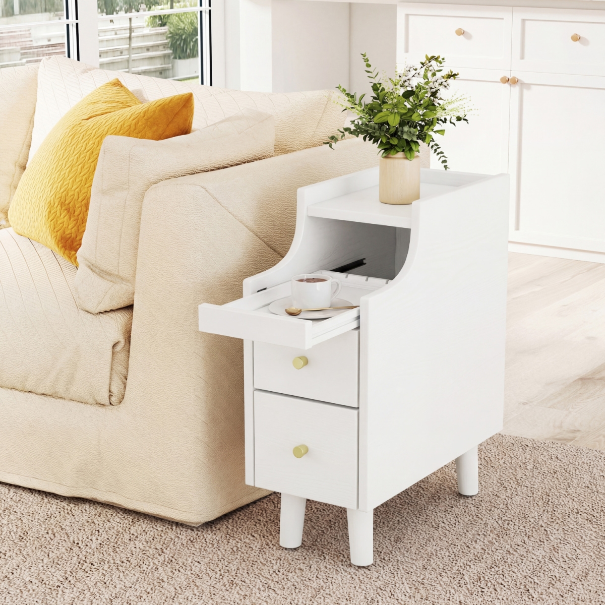 HU11058CB Solid Wood Night Narrow Bedside Table Nightstand with Pull-Out Tray & 2 Storage Drawers - White