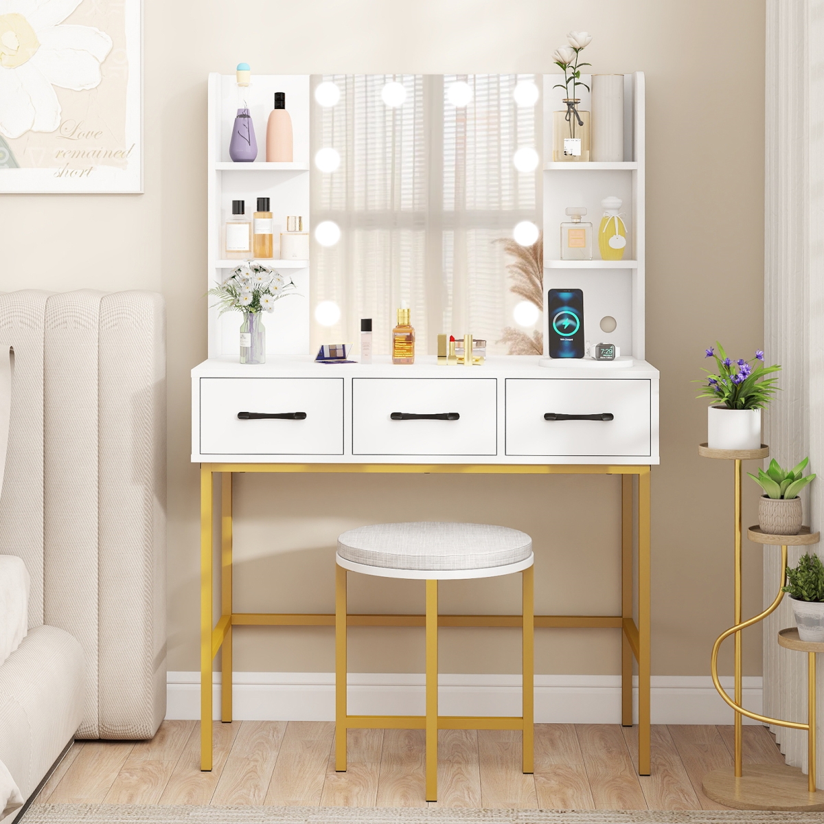HU11205US-WH Vanity Desk with Mirror & Lights Makeup Dressing Table & Cushioned Stool Set - White