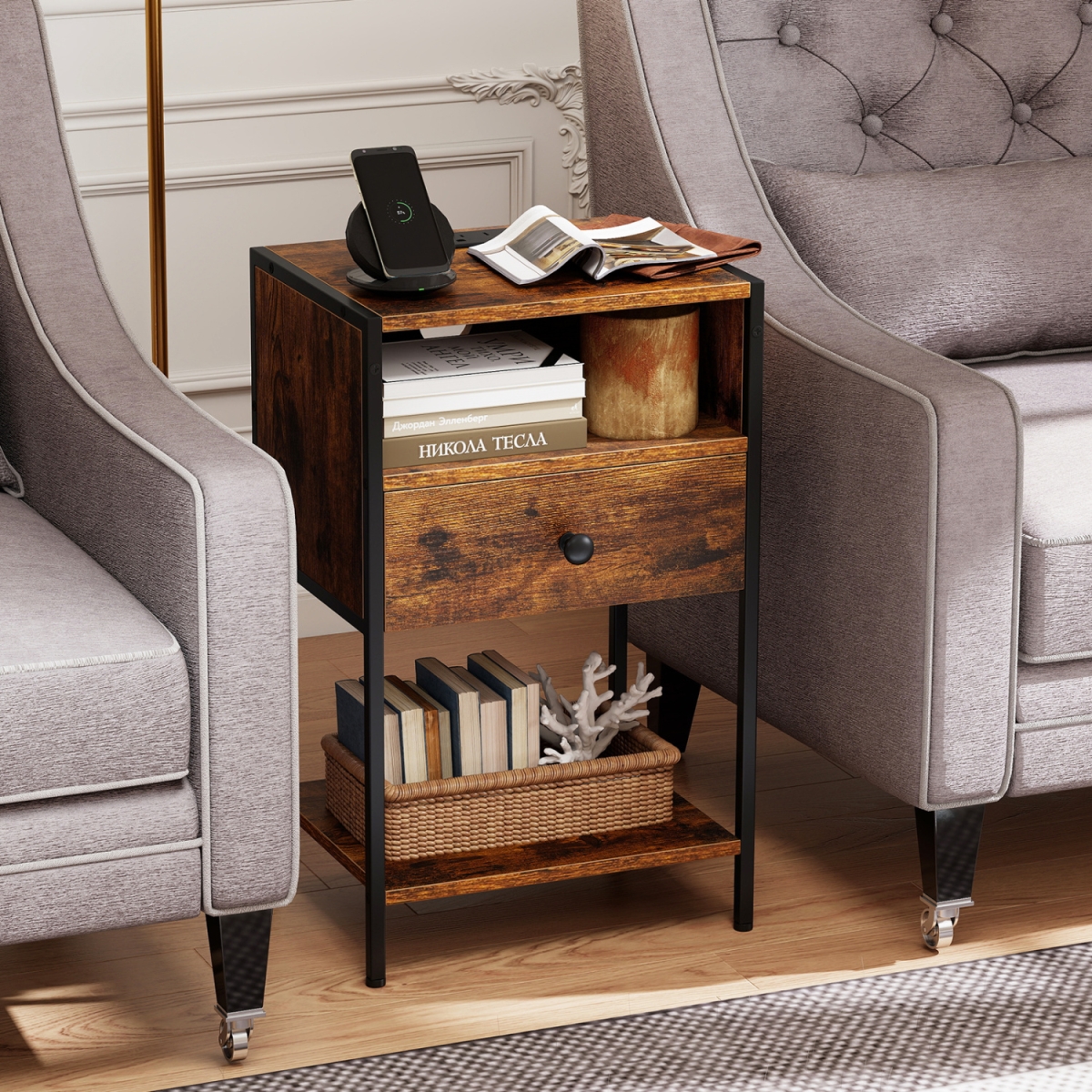 HU11281US-CF Nightstand with Charging Station Bedside Table with USB Ports & Outlets - Rustic Brown