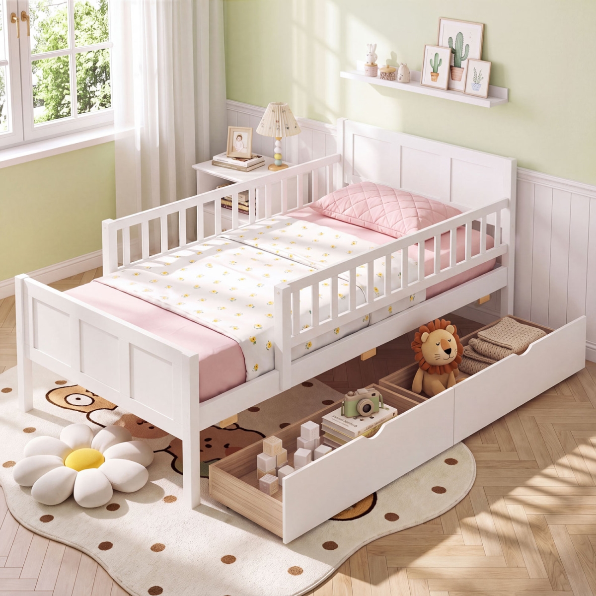 HU11522WH-T Twin Size Bed Frame with Detachable Guardrails - White