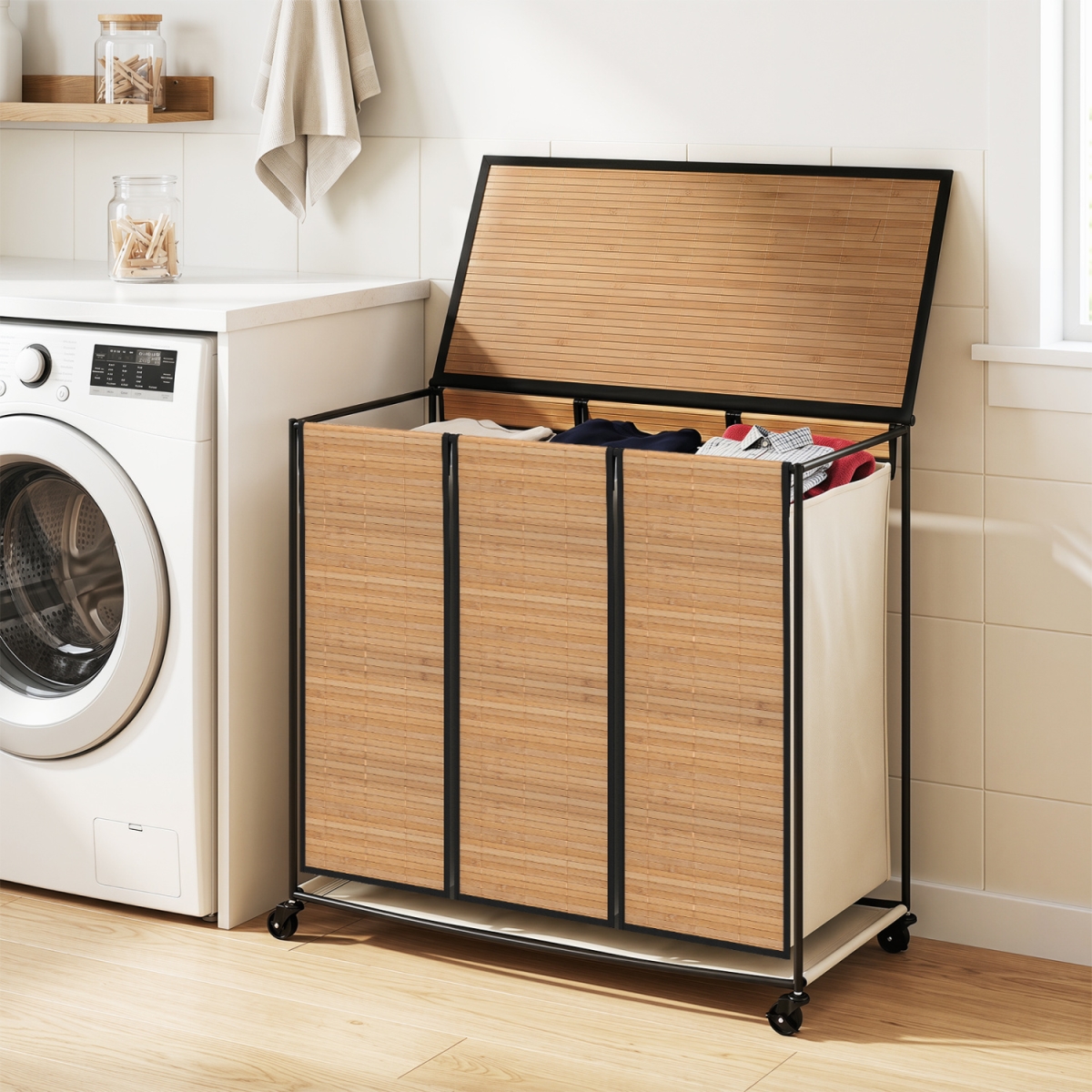 JZ10299NA 21.4 gal Laundry Hamper with Lid 3-Section with 2 Lockable Wheels - Natural