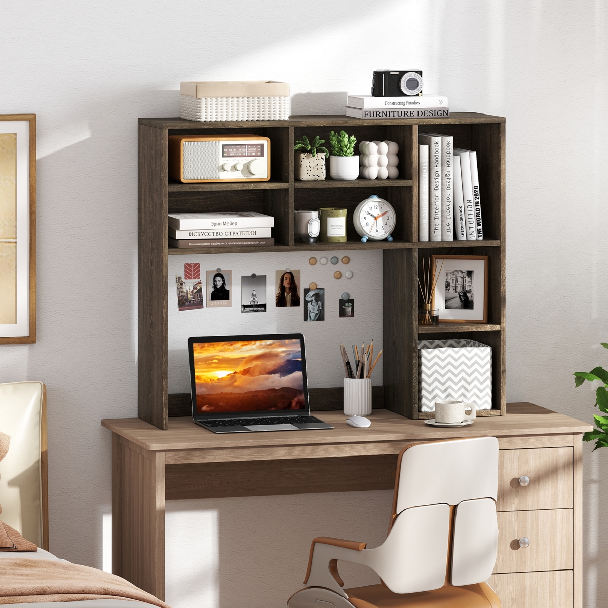 JZ10367OA Desktop Bookshelf with 7 Open Cubbies & 3 Adjustable Shelves - Oak
