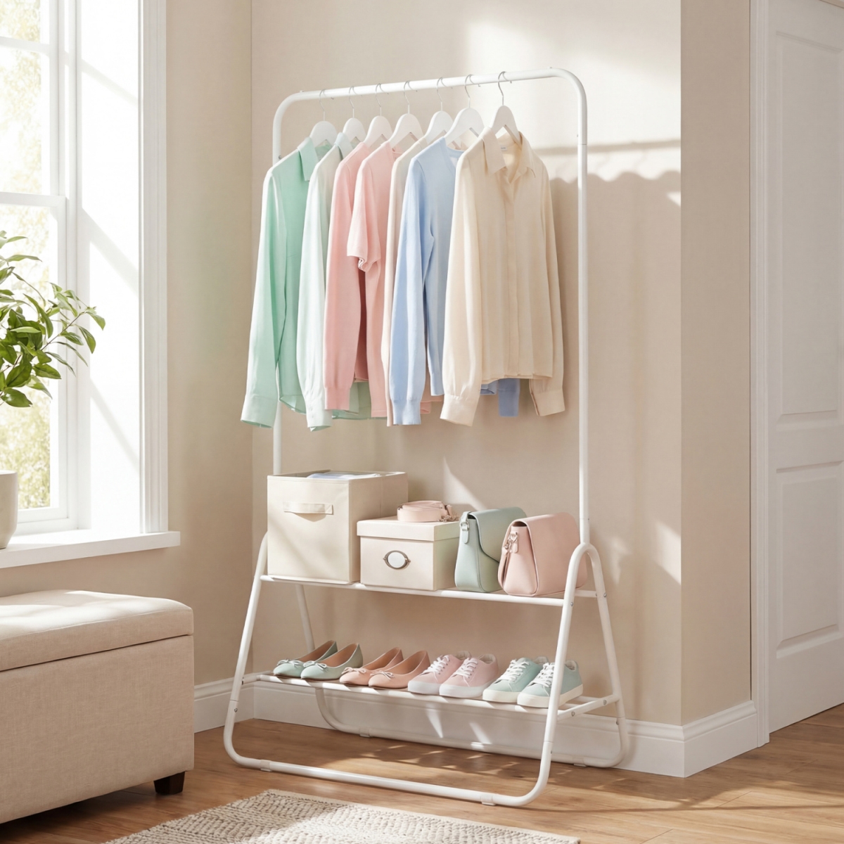 JZ10460WH Heavy Duty Clothes Rack with Hanging Rod & Storage Shelves - White