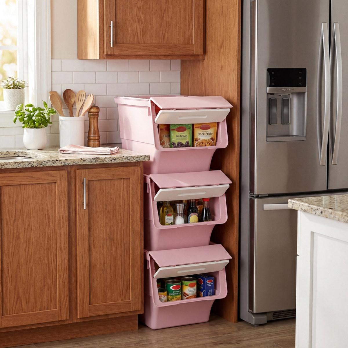 JZ10479PK Storage Bins on Wheels Stackable Plastic Boxes with Stay-Open Lid - Pink - Medium - 3 Piece