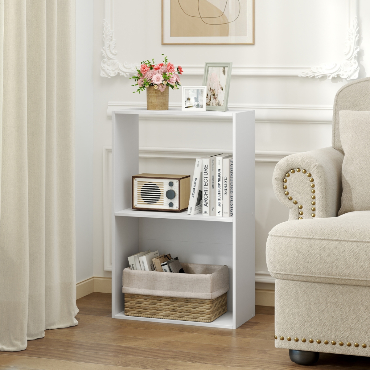 JZ10537WH-1 3-Tier Bookshelf with Open Storage Compartment & Freestanding Display Shelf - White