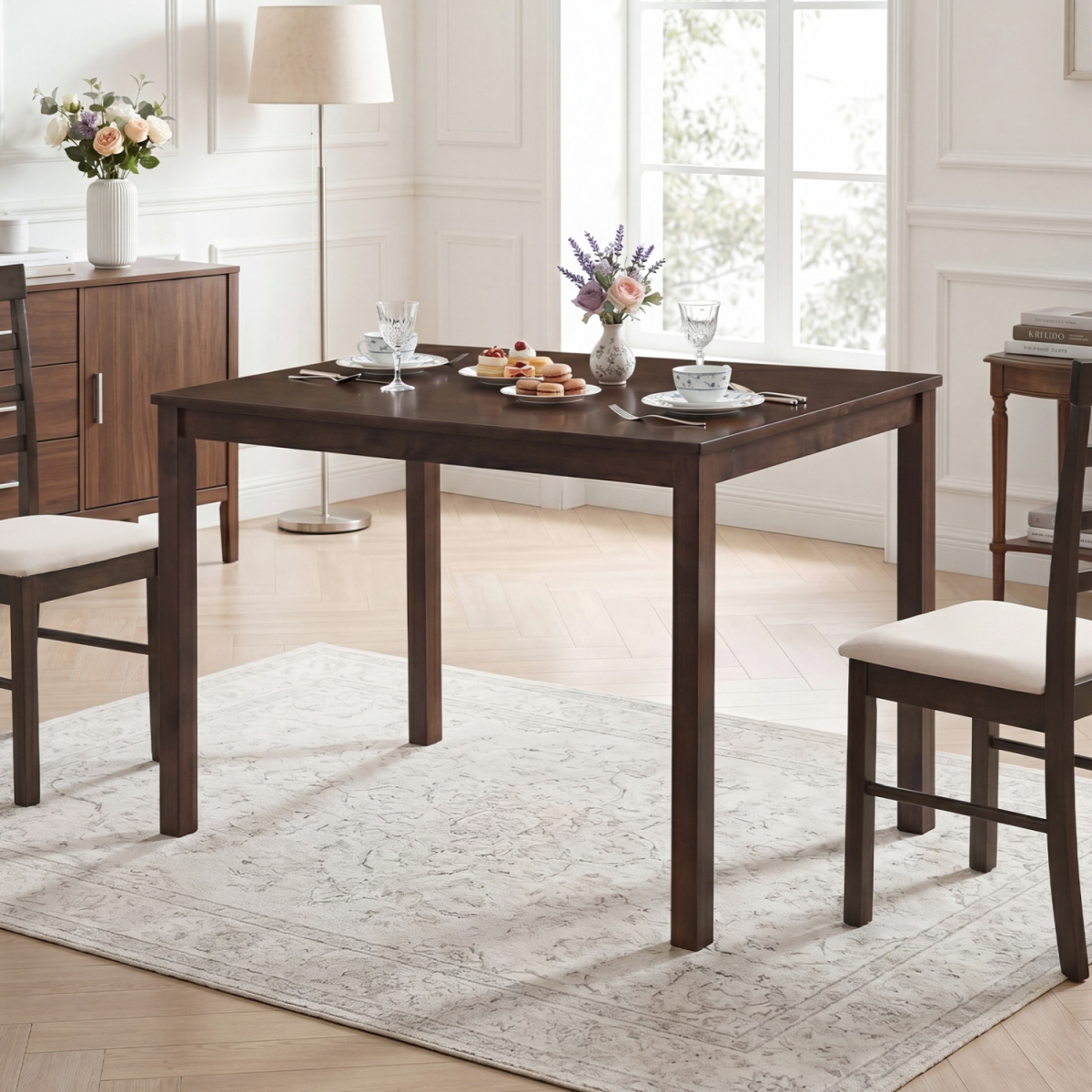 KC59387CF-12 Farmhouse Kitchen Table for 4 with Solid Rubber Wood Frame for Dining Room - Brown