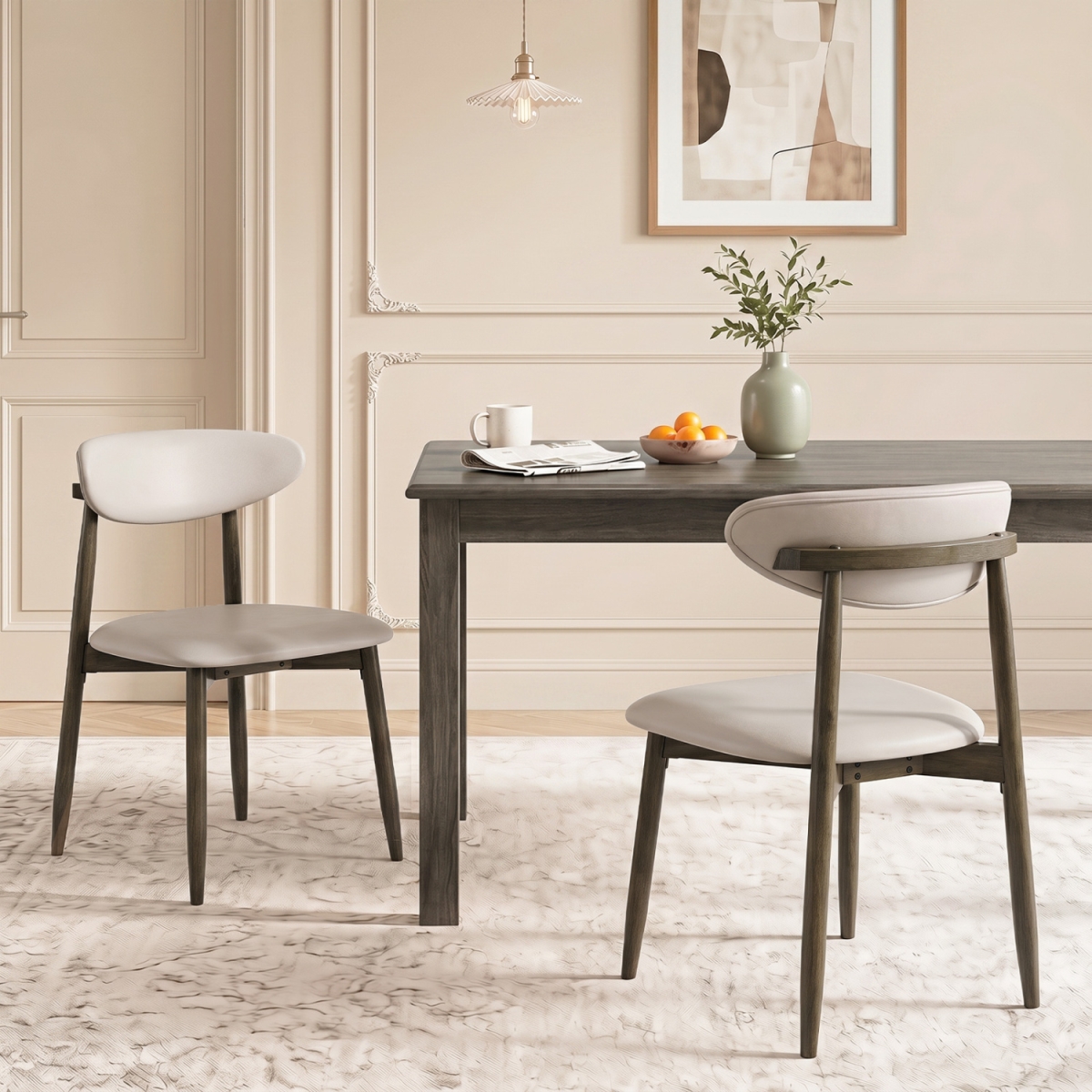 KC59630BE-2 Wooden Modern Upholstered Dining Chairs with Curved Backrest - Beige - Set of 2