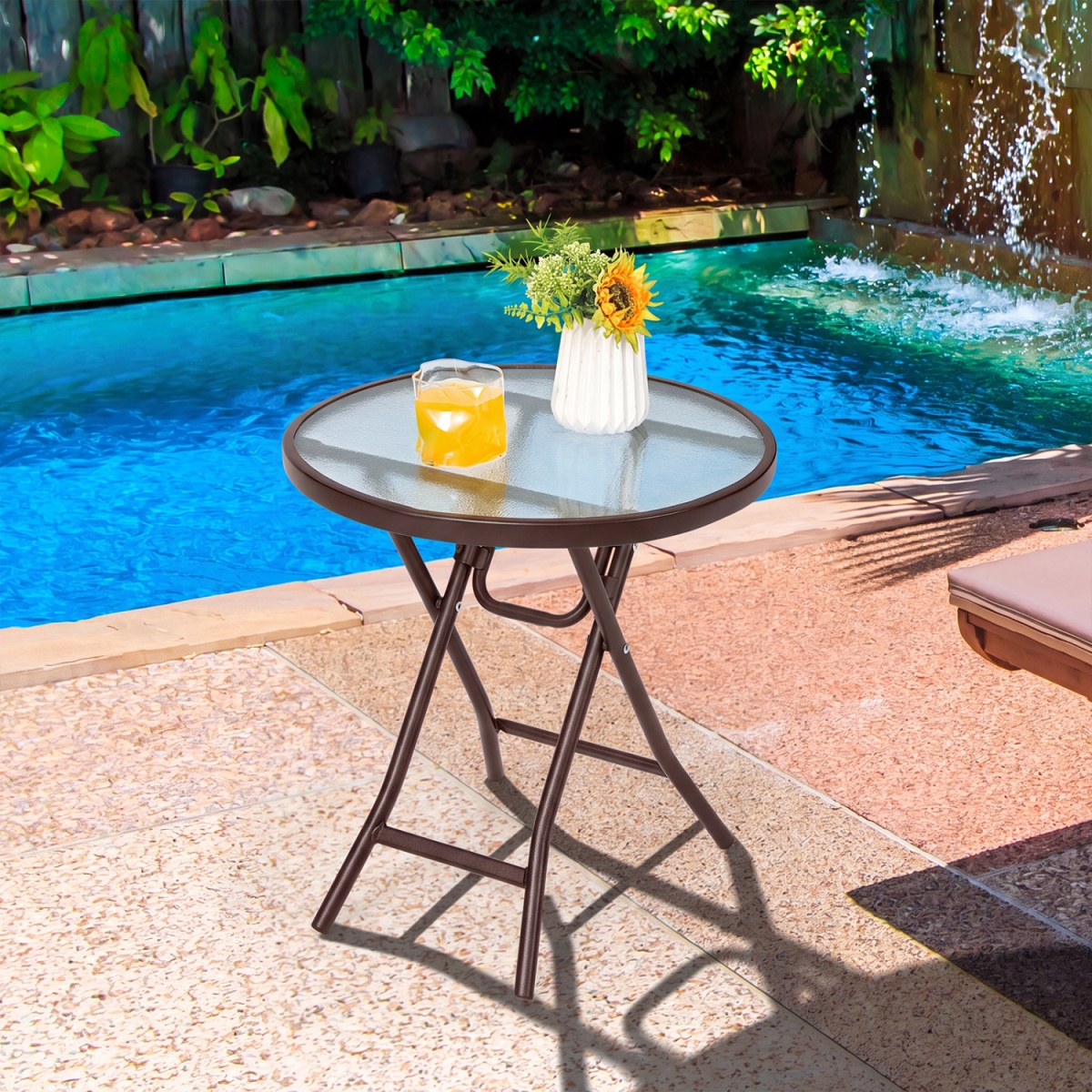 NP10402CF-1 18 in. Round Patio Side Table with Tempered Glass Top - Brown
