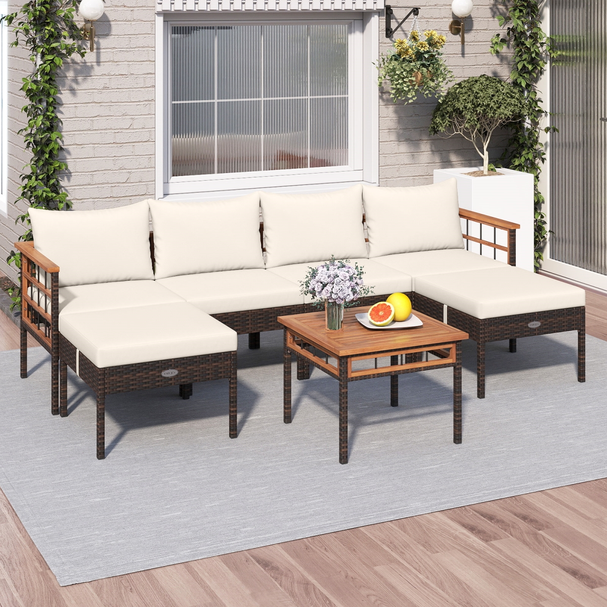 HW74903WH- Patio Rattan Chairs with Ottomans & Side Table for Backyard - White