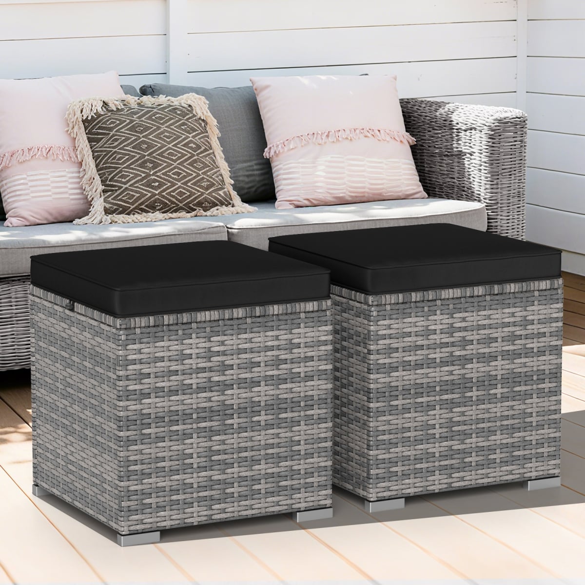 HW74954DK Patio Ottoman with Hidden Storage Space - Black & Mix Gray - 2 Piece