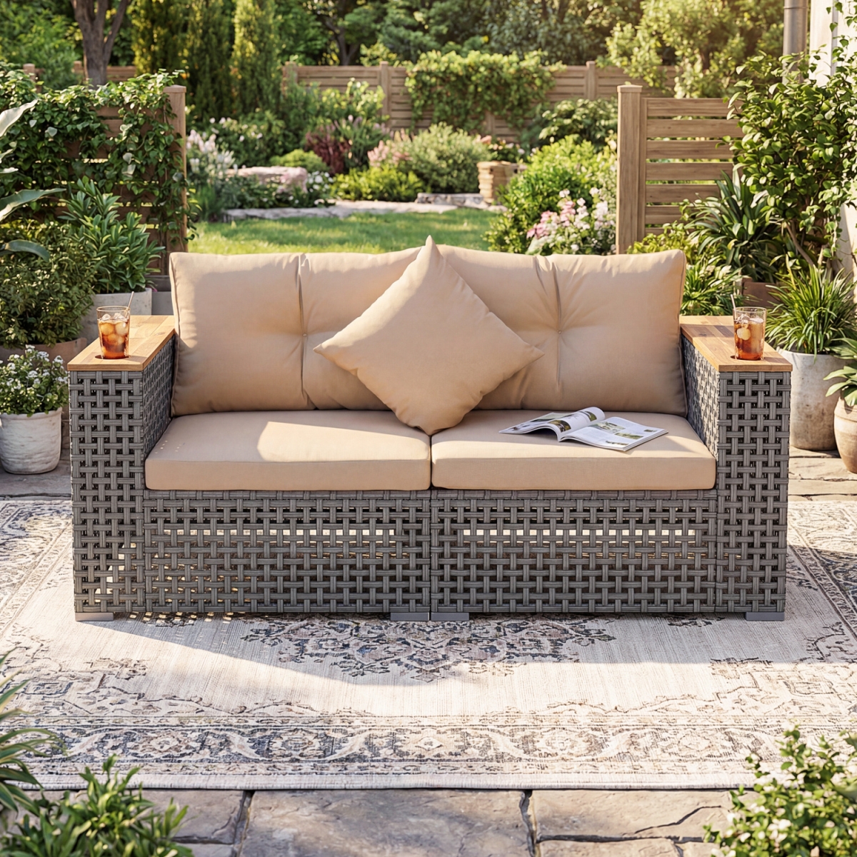 HW75123BN Patio Corner Sofa Set with Thick Cushions - Beige - 2 Piece