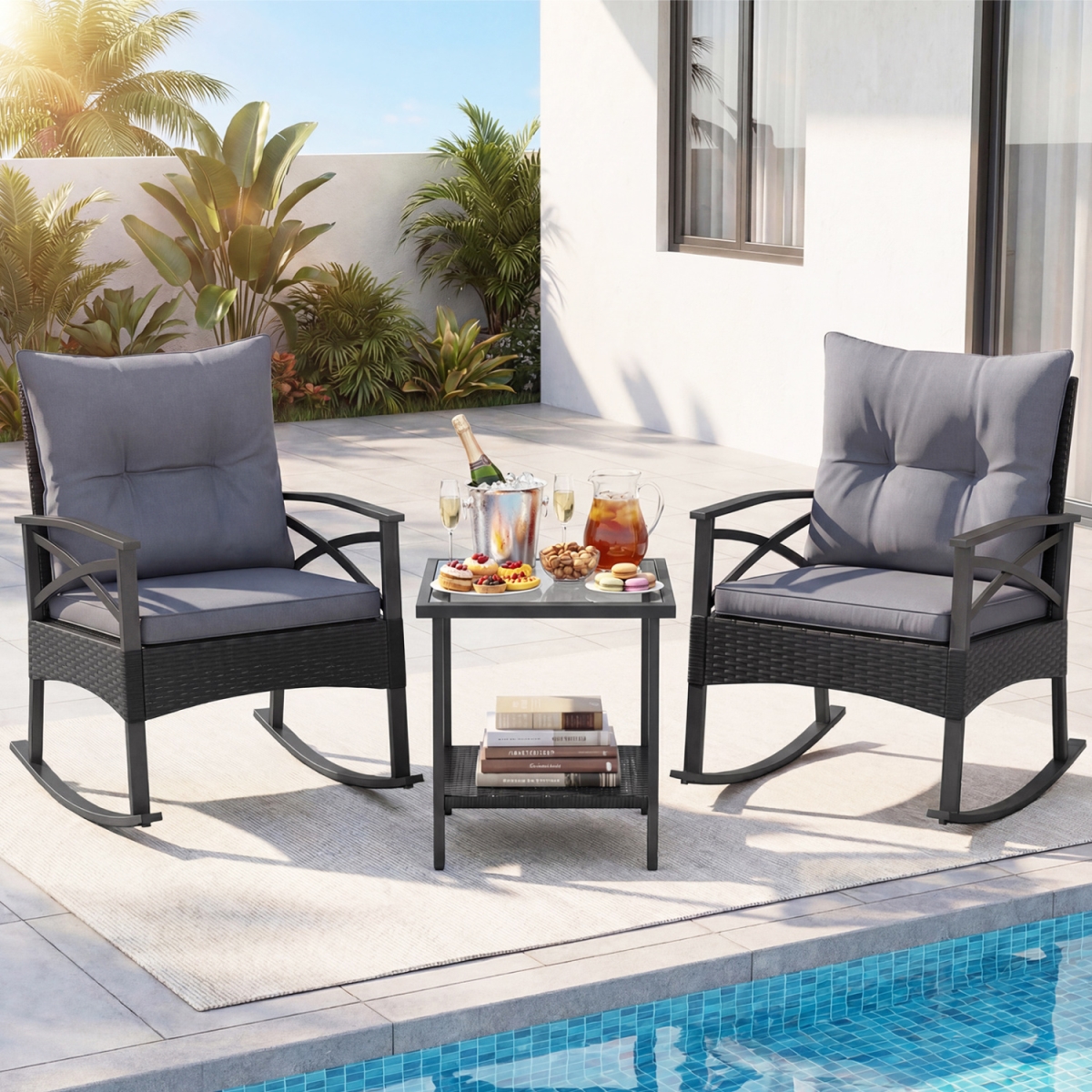 HW75505GR Outdoor Rattan Rocking Chairs Set with 2-Tier Side Table for Garden Backyard - Black & Gray - 3 Piece
