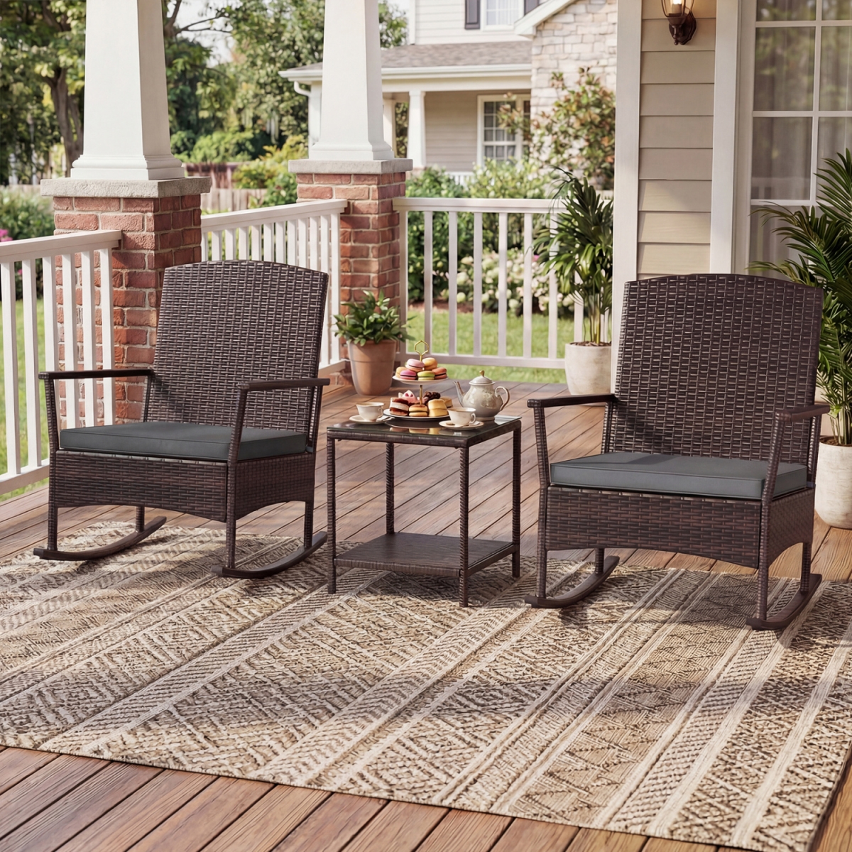 HW75578GR Patio Rocking Set Wicker Rocking Chairs with 2-Tier Coffee Table - Gray - 3 Piece