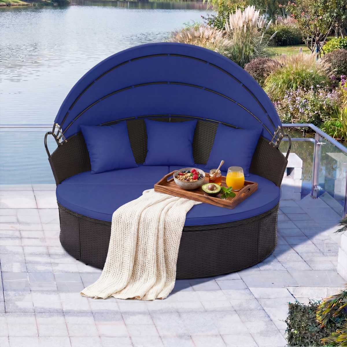 HW76032NY- Clamshell Patio Round Daybed Wicker with Retractable Canopy & Pillows - Navy