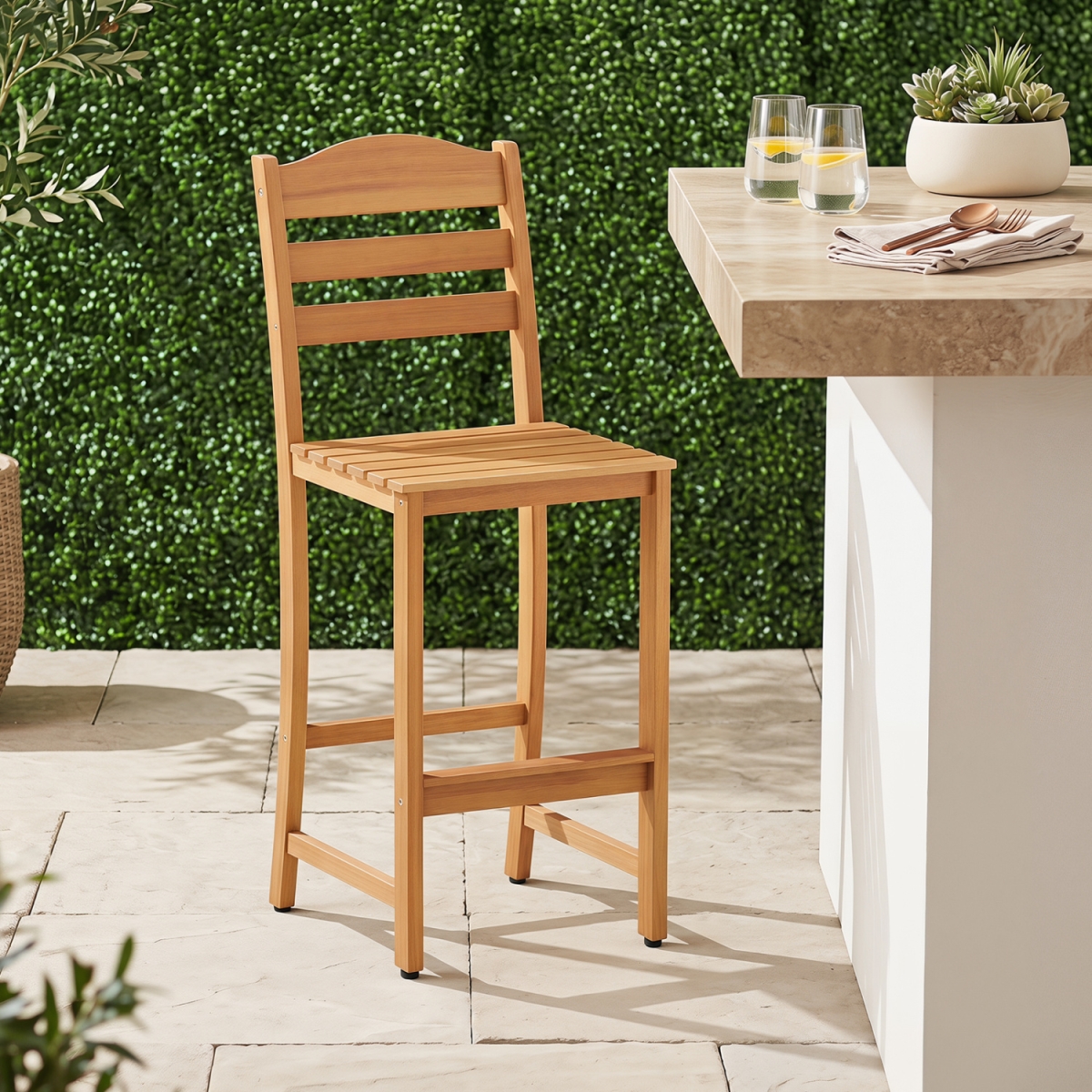 HW76192 Solid Acacia Wood Bar Stools Heavy-Duty Outdoor Barstools with 400 lbs Max Load - Natural