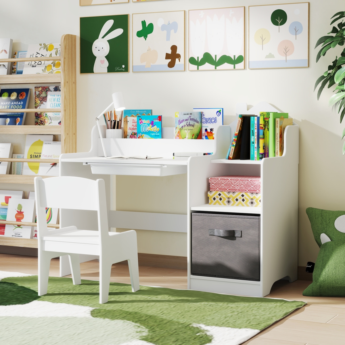 HY10354WH Kids Study Desk & Chair Set with Open Shelves Drawer & Fabric Storage Bin - White