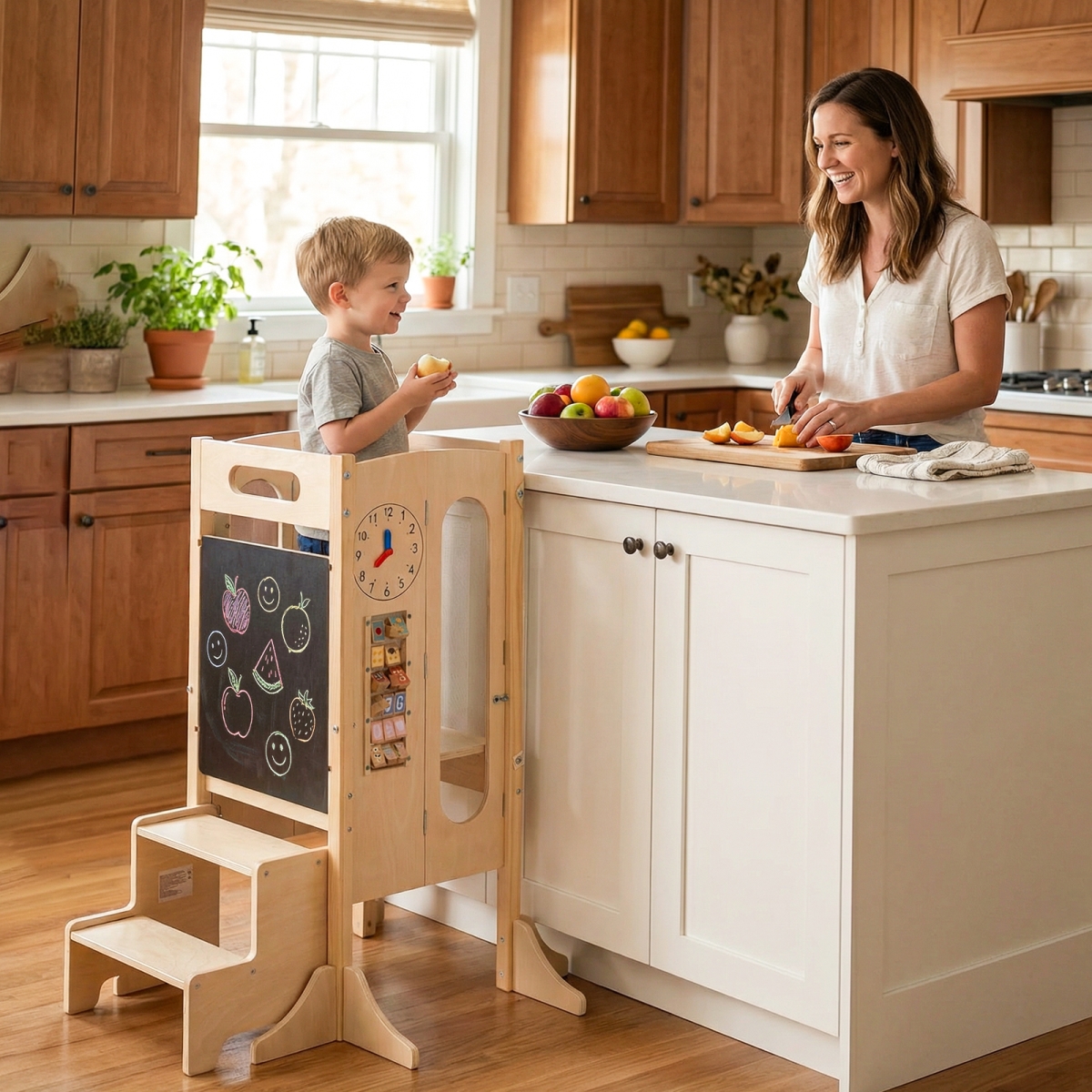 HY10364 Foldable Toddler Tower with 2-Step Stool & Safety Net for 3 & Up Years Old