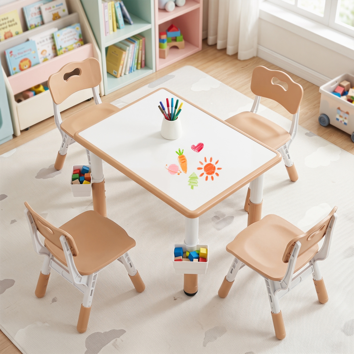 HY10569NA Height Adjustable Kids Table & 4 Chairs Set with Graffiti Desktop & 2 Storage Baskets - Natural