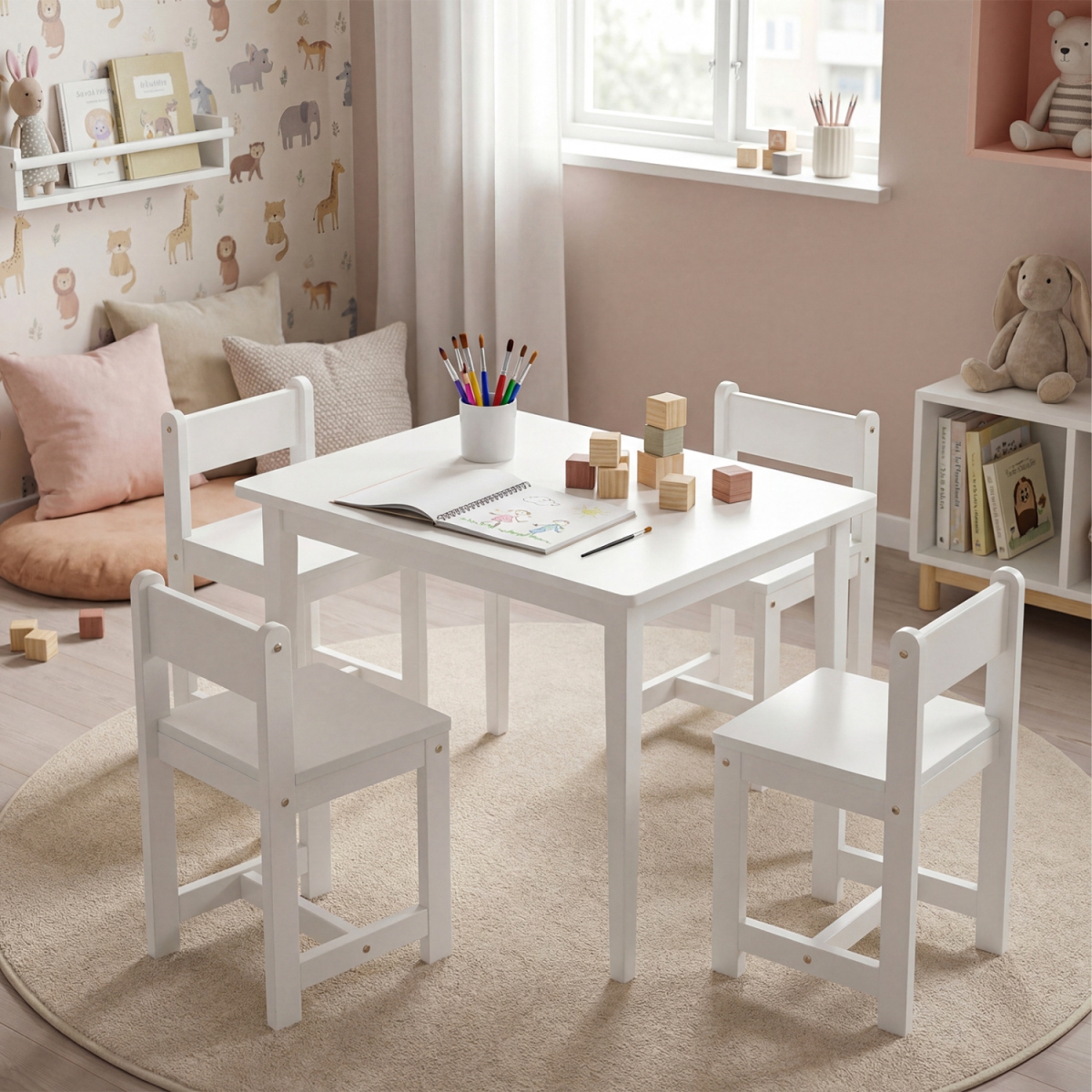 HY10585WH Kids Table & Chairs Set Solid Rubber Wood Toddler Activity Table - White - 5 Piece