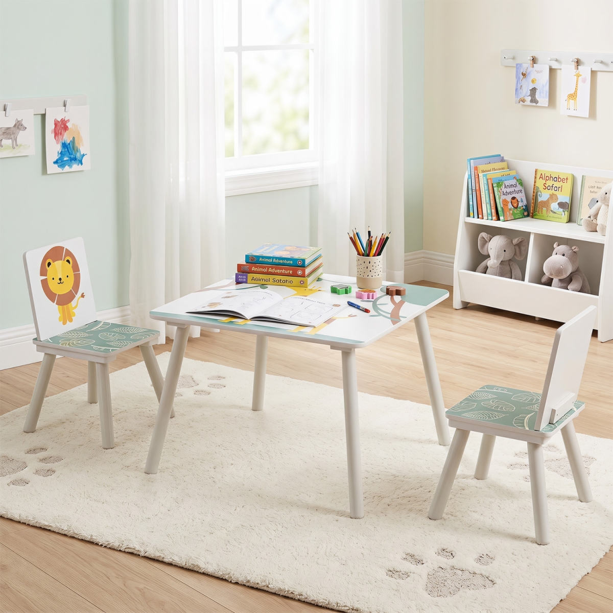 HY10604 Kids Table & Chairs Set with Animal Patterns for Aged 3-6 Years Old - 3 Piece