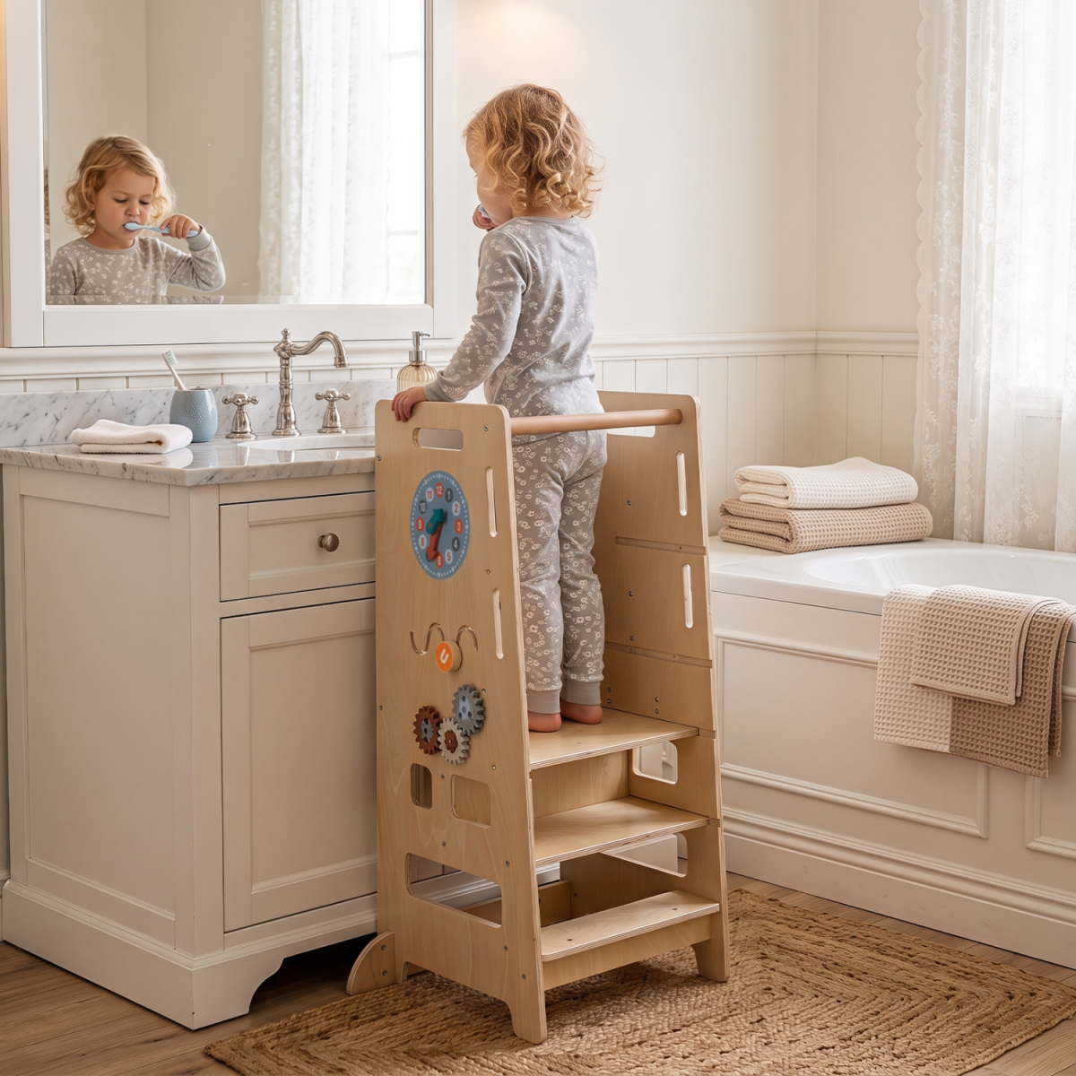 HY10633NA Toddler Standing Tower with Adjustable Height & Blackboard - Natural