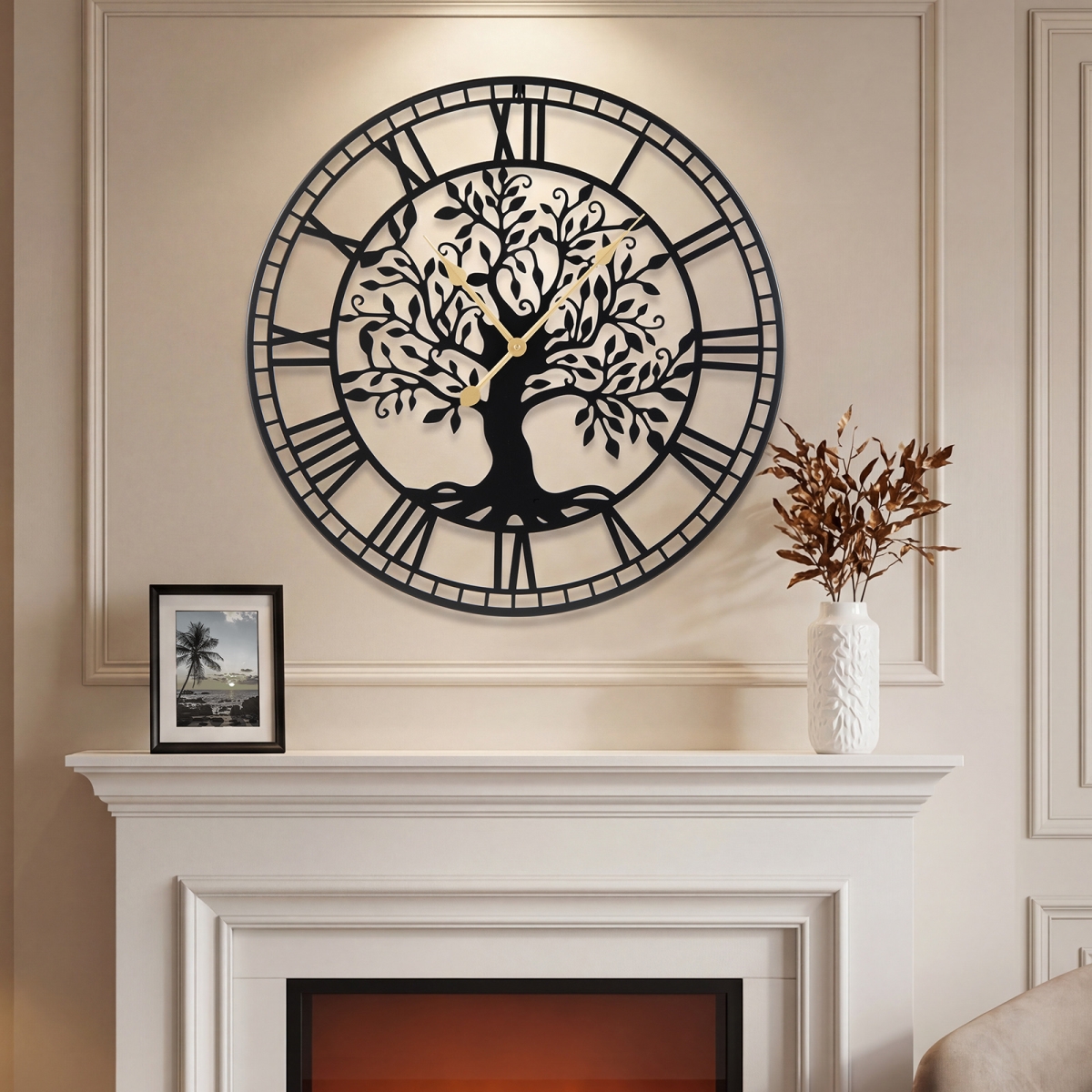 HZ10365DK 27 in. Large Tree of Life Big Metal Wall Clock - Black