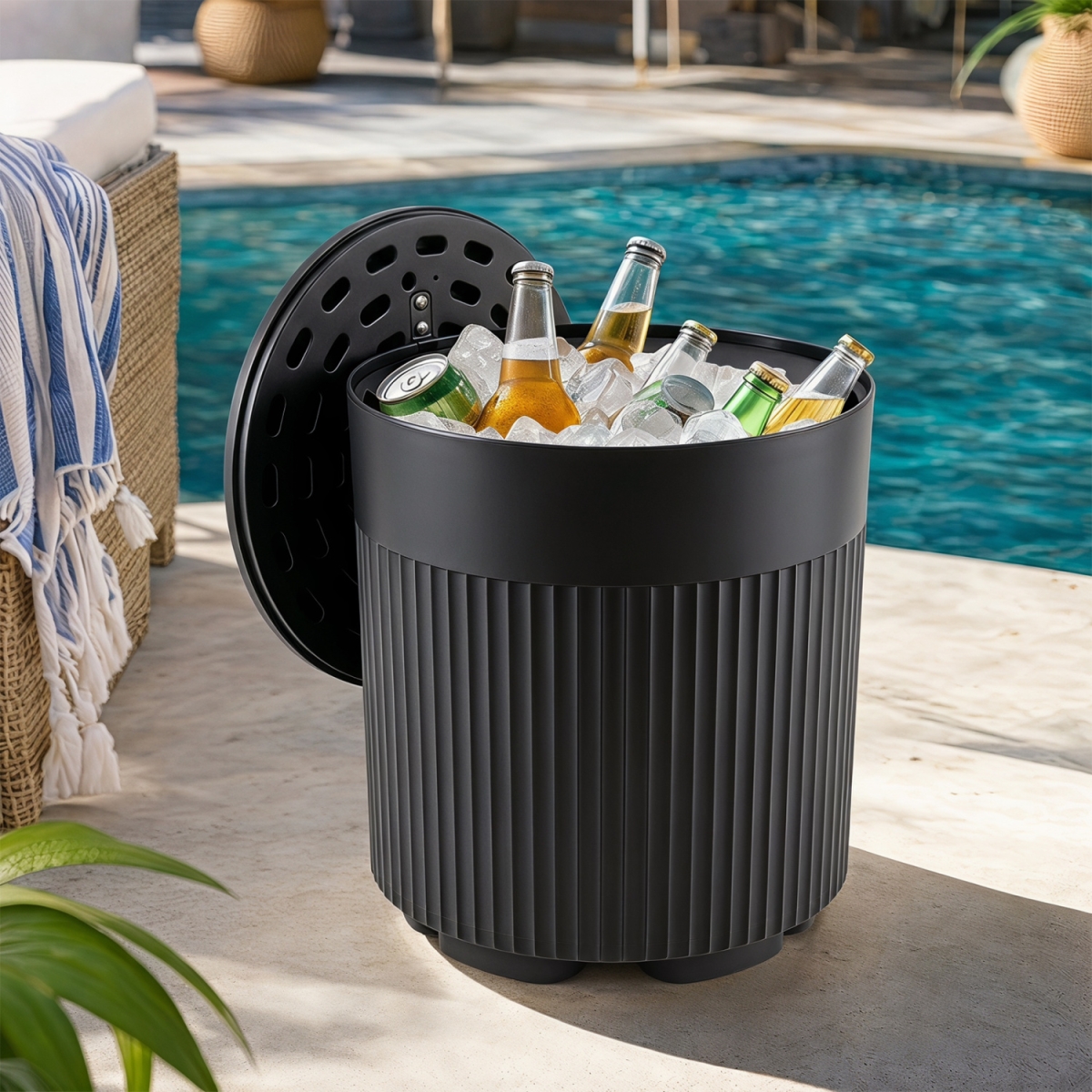NP13791DK 3-in-1 Outdoor Cooler Side Table with Fluted Design for Deck - Black
