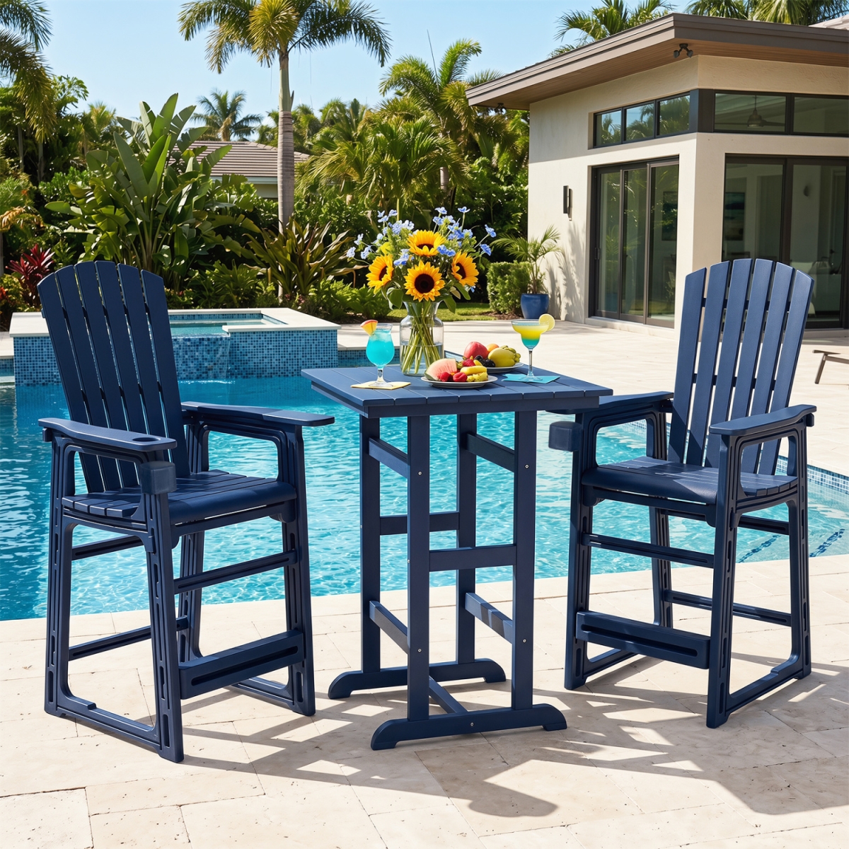 NP13810BL-1 Outdoor 29 in. Height Bar Stool with Backrest & Armrests - Blue