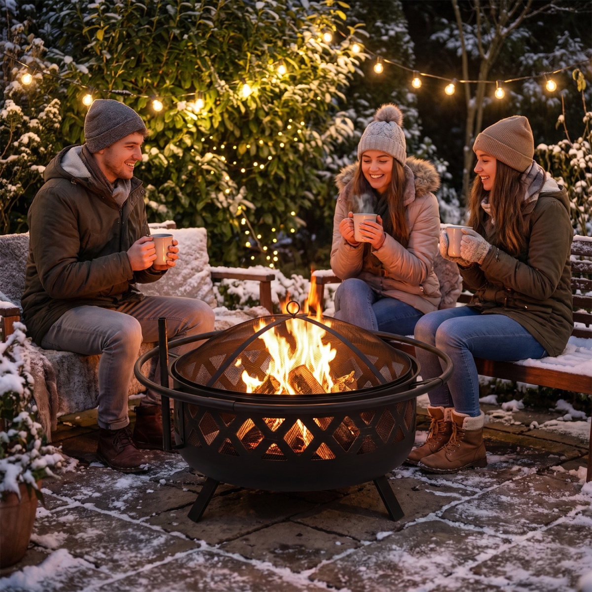 NP13864BK-36 Outdoor Black Fire Pit with Adjustable & Rotatable Grill Grate Breathable Mesh & Outer Ring for BBQ - 36 in.