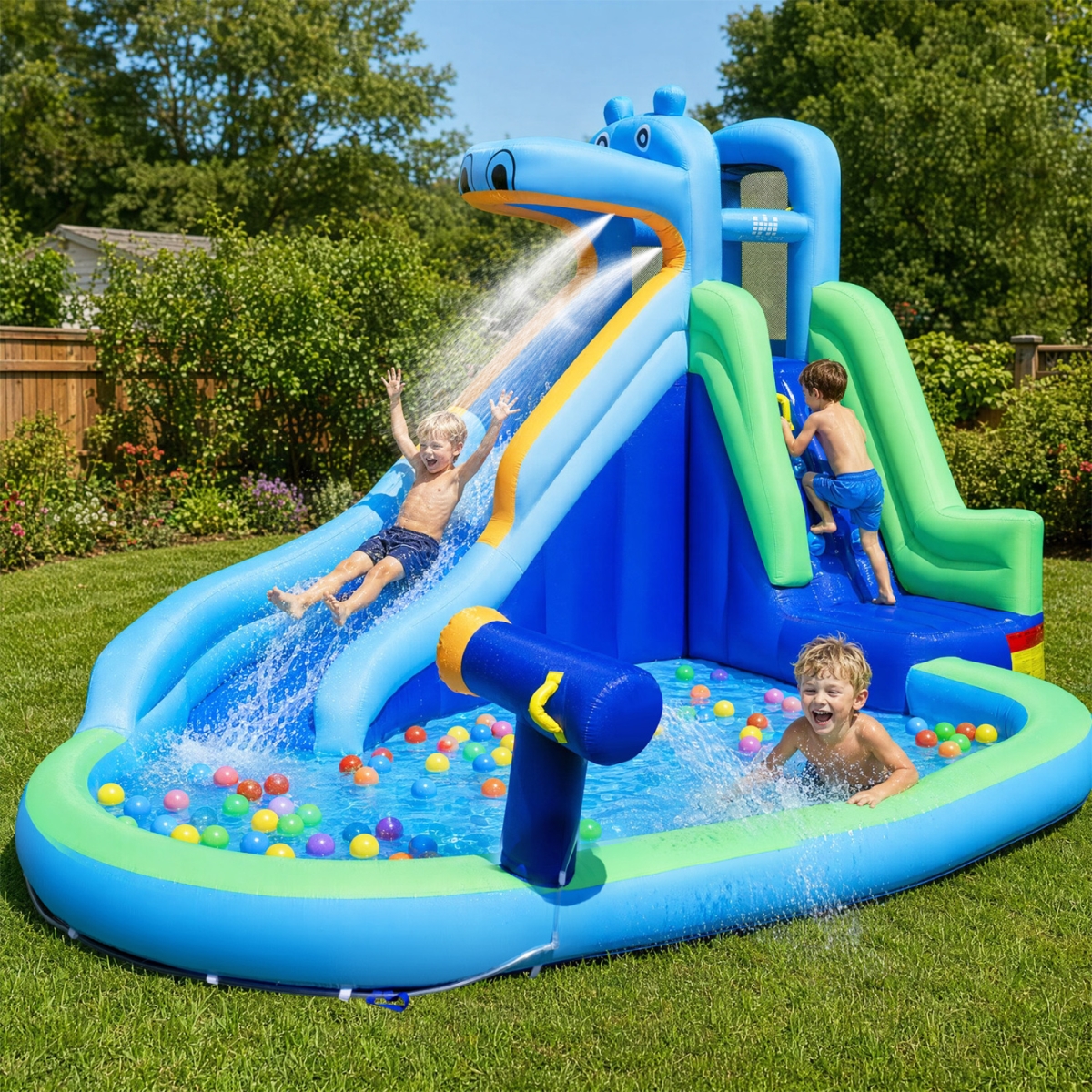 NP13899US-BT Hippo-Themed Inflatable Water Slide with Long Slide & Climbing Wall for Kids Backyard with 680W Blower