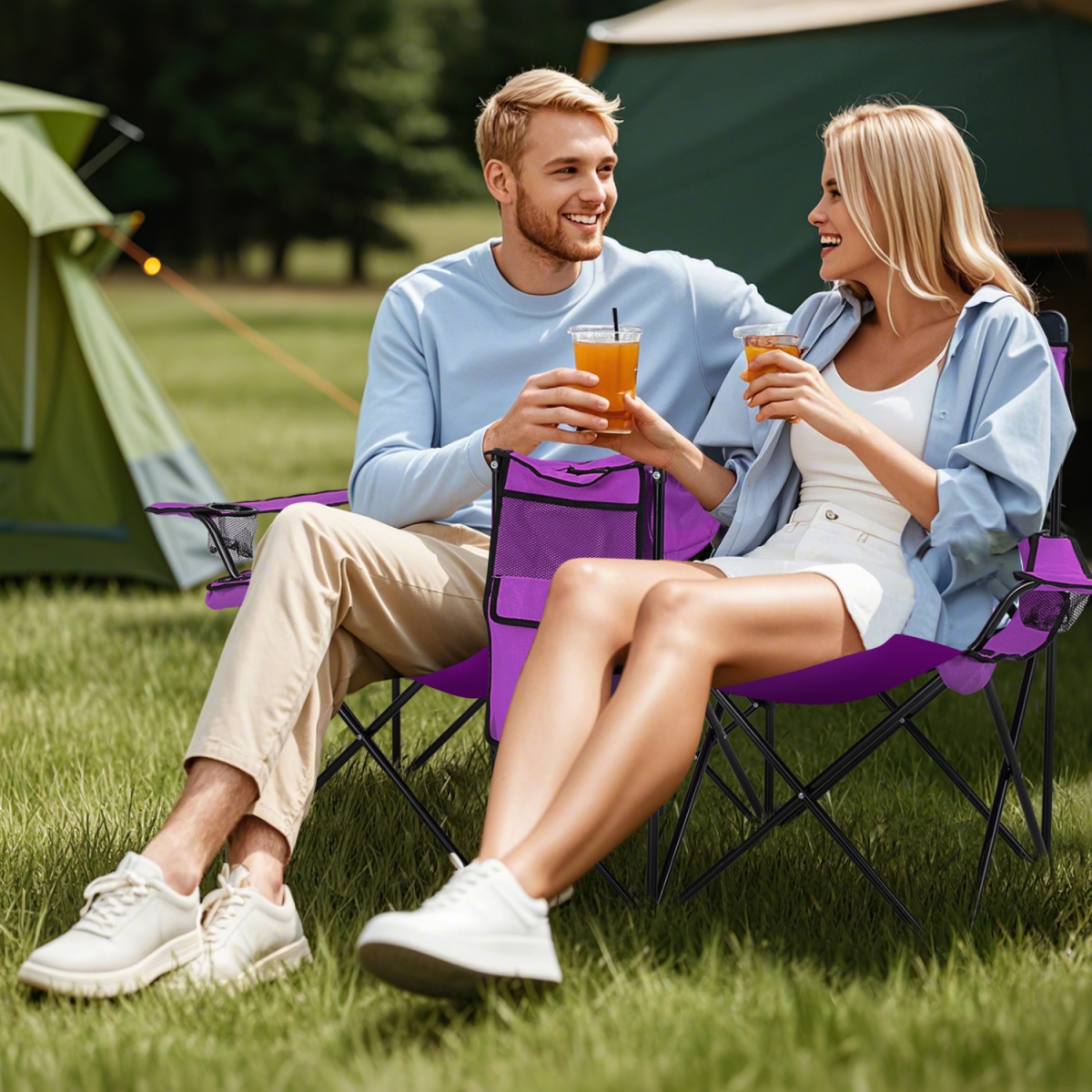 OP70621PP Portable Folding Picnic Double Chair with Removable Umbrella - Purple