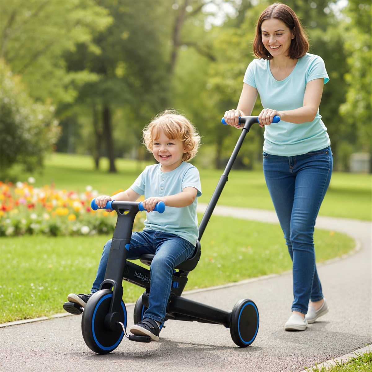 TQ10443NY 4-in-1 Foldable Toddler Tricycle with Push Handle with Adjustable Seat - Navy