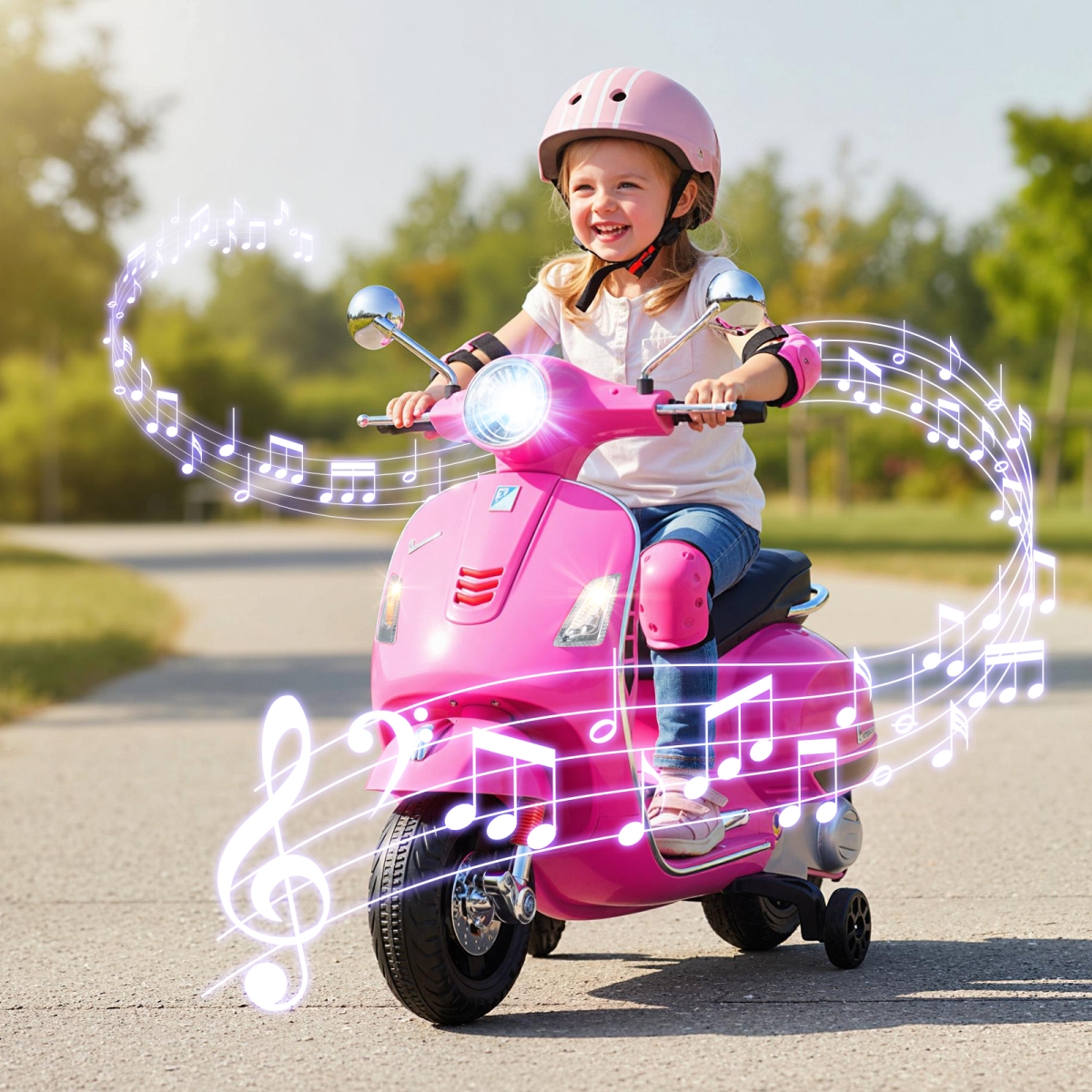 TQ10466US-PI 12V Kids Electric Motorcycle Licensed VESPA with Music & Training Wheels - Pink