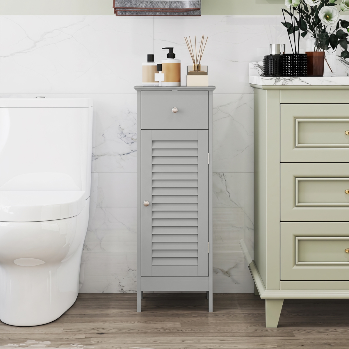 JV14195GR Narrow Bathroom Storage Cabinet with Adjustable Shelf & Drawer - Gray