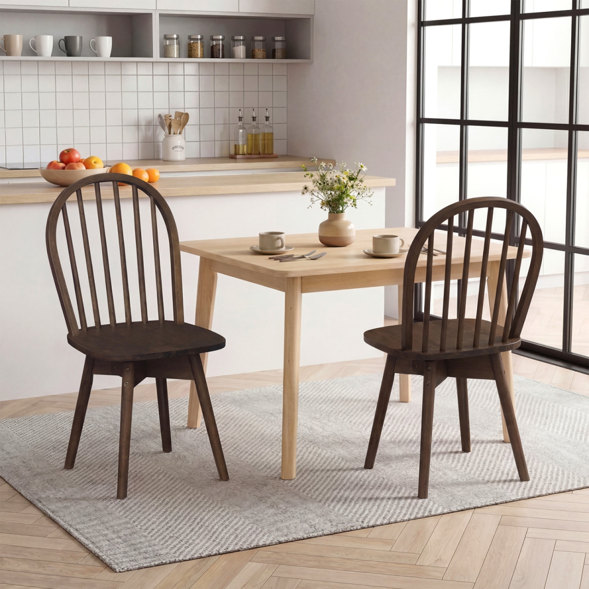 JV14206WN-2 Swivel Windsor Dining Chairs with Solid Rubber Wood Frame - Walnut - Set of 2