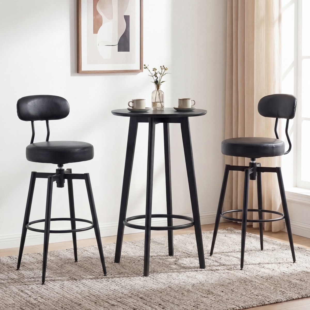 JV14248DK-2 Swivel Barstools Faux Leather with Upholstered Seat & Back - Black - Set of 2