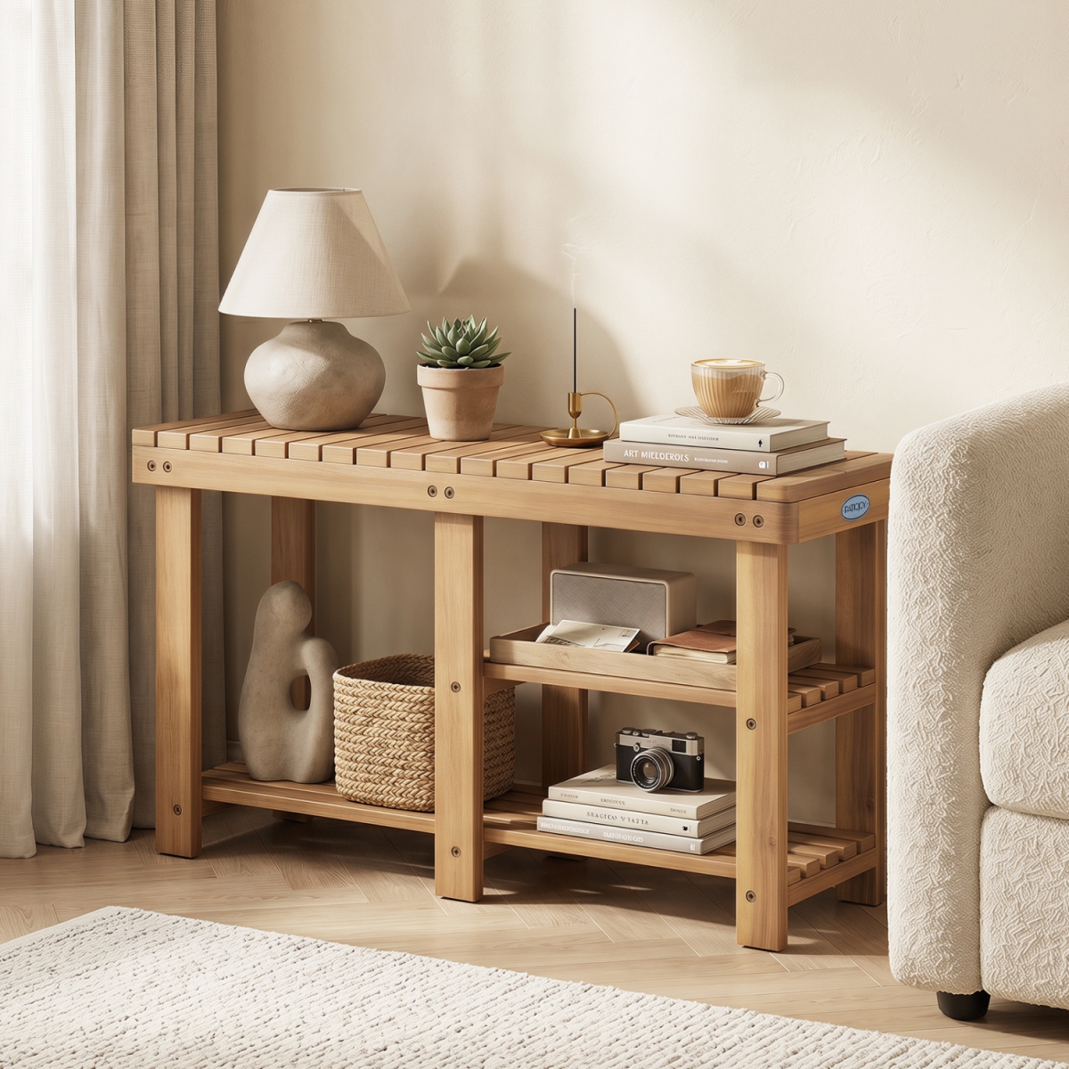 JV14255 3-Tier Solid Wood Shoe Rack Bench with Slatted Shelves - Large